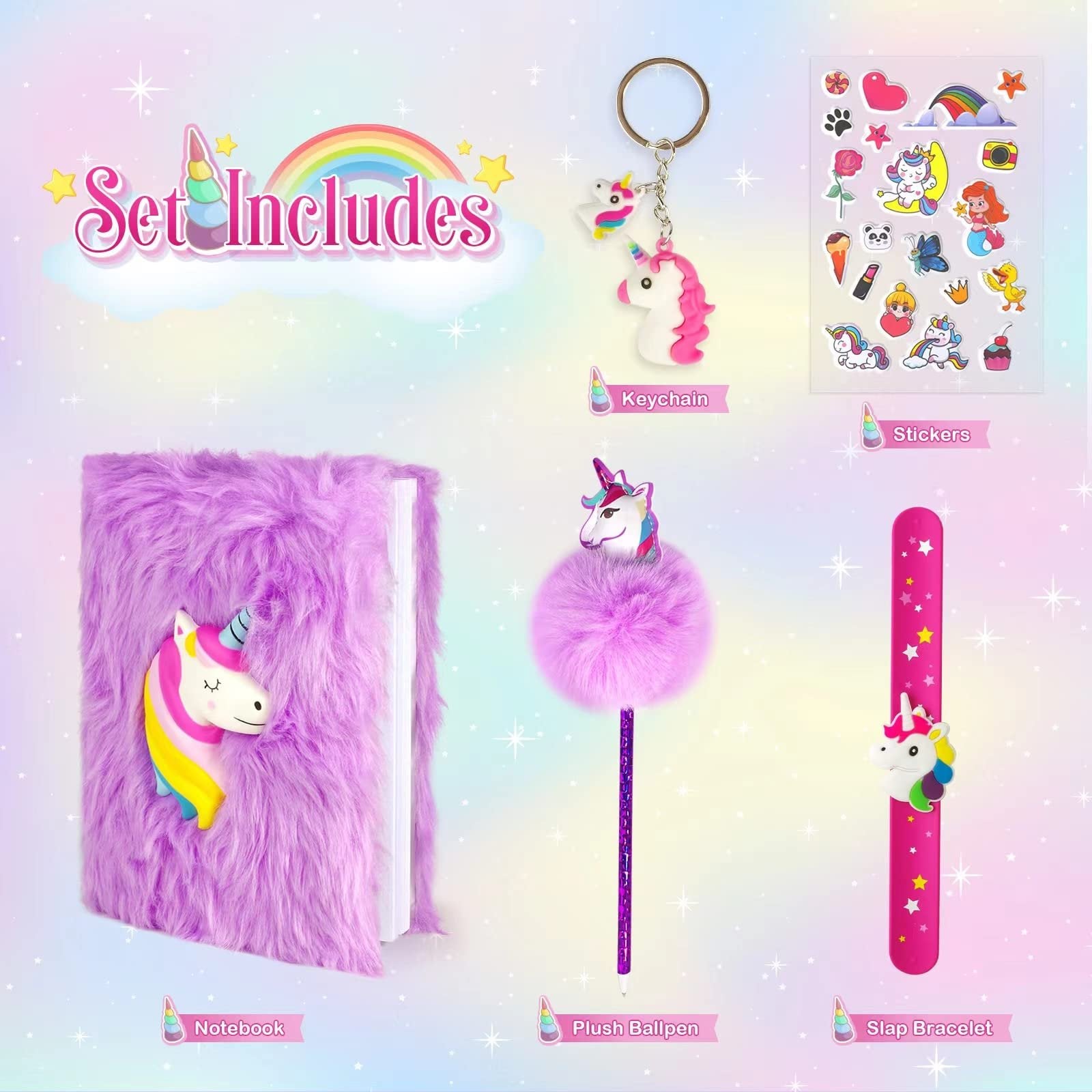 Madzee Girls Gift Set, Plush Diary, 3D Stickers, Slap Bracelet, Keychain - Cute Stationery Gift for Girls Age 4+ (Unicorn)