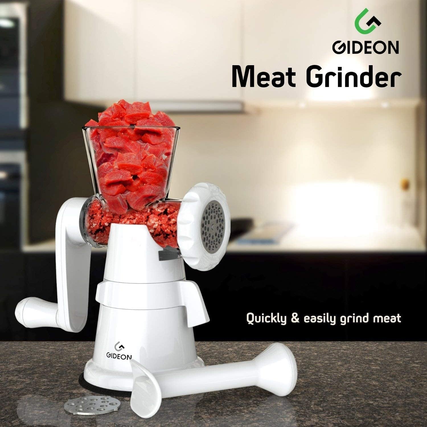 Gideon Manual Meat Grinder - Heavy Duty Stainless Steel Blades - Hand Crank - White - Size Options