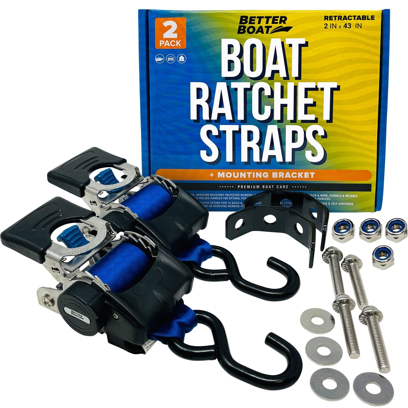 2x43 Blue Stainless Retractable Ratchet Straps - Heavy Duty Set with Mounting Brackets & Bolts - Self-Retracting Buckle for Cargo