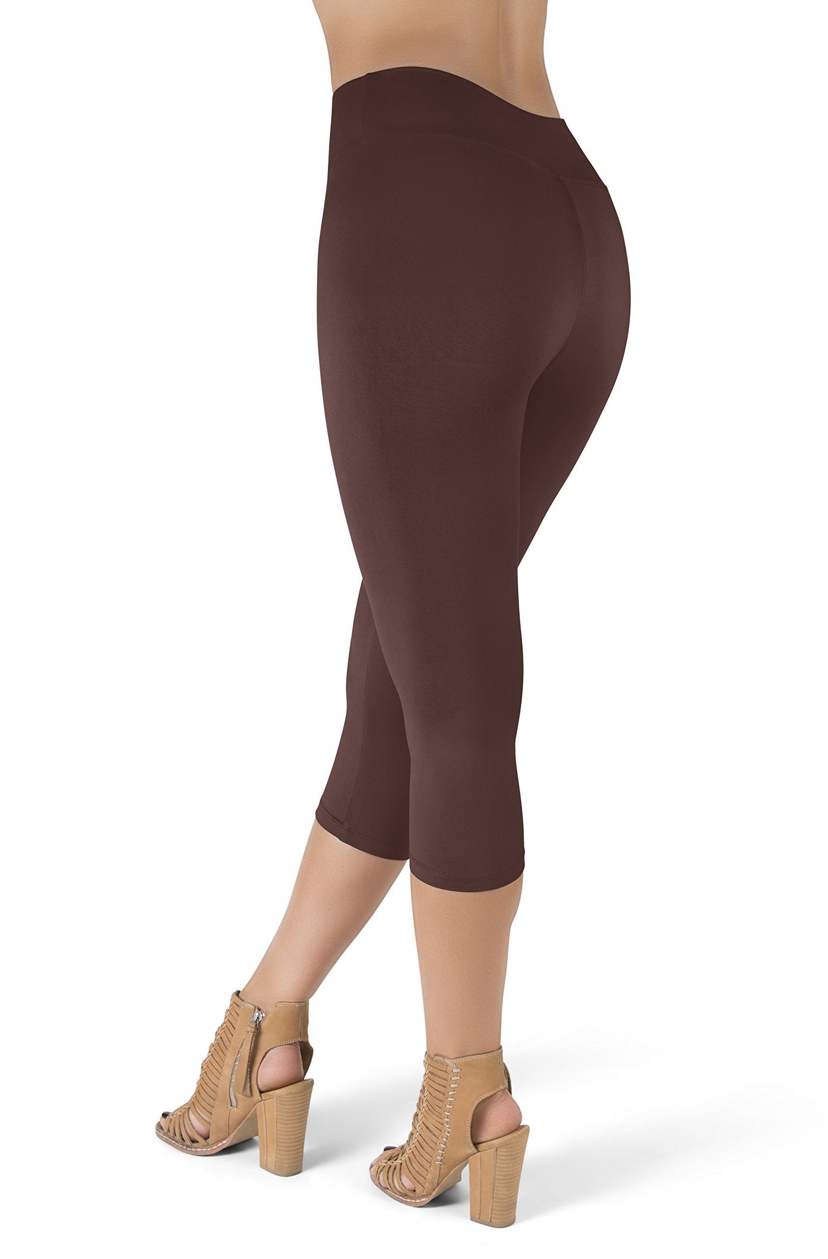 Brown SATINA High Waisted Capri Leggings for Women - Tummy Control | 3 Inch Waistband | One Size