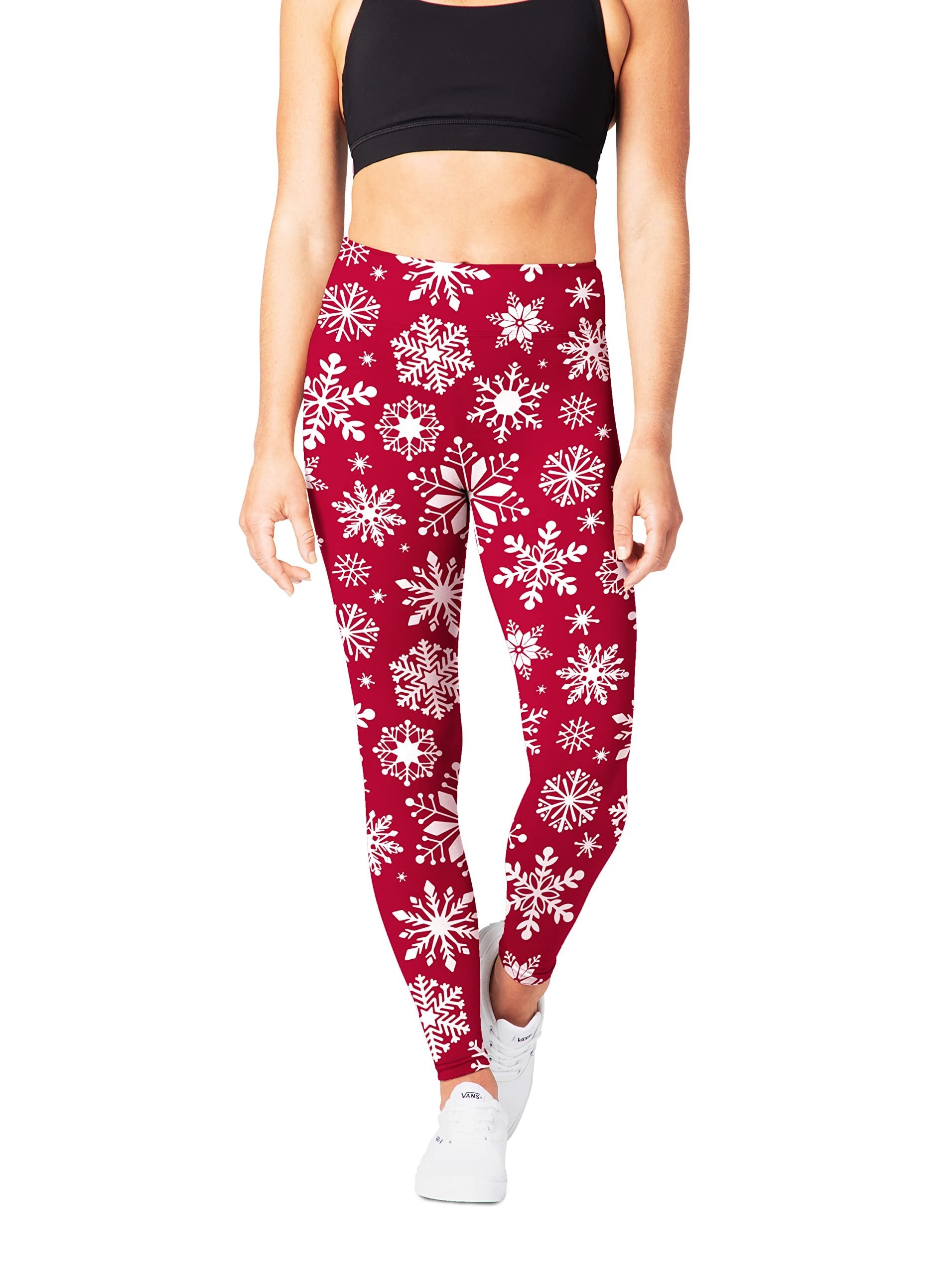 SATINA Christmas Leggings for Women - Buttery Soft Highwaisted Red Snowflake Holiday Leggings