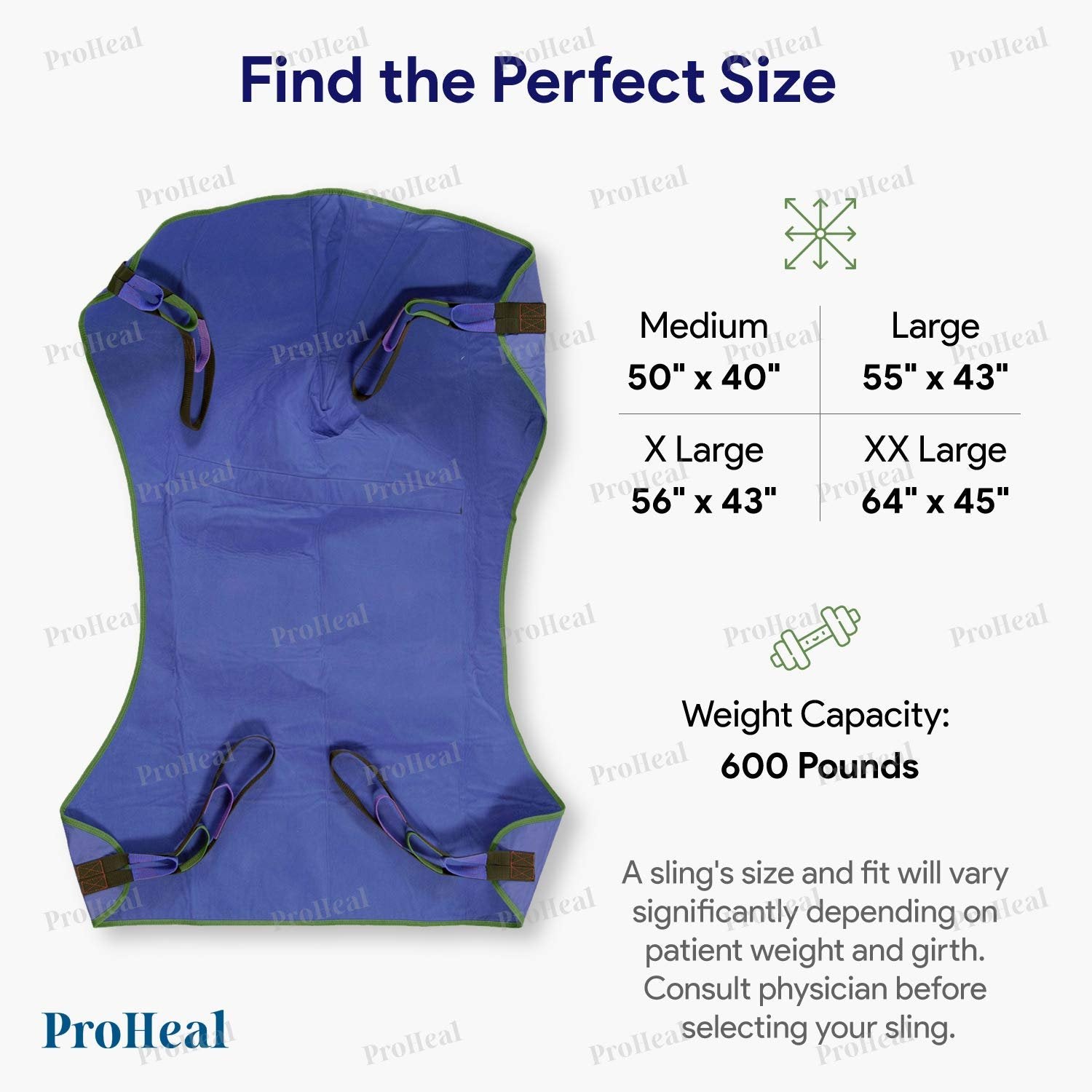 ProHeal Universal Full Body Lift Sling, X Large, 56"L x 43" - Solid Fabric Polyester Slings for Patient Lifts - Compatible with Hoyer, Invacare, McKesson, Drive, Lumex, Medline, Joerns and More