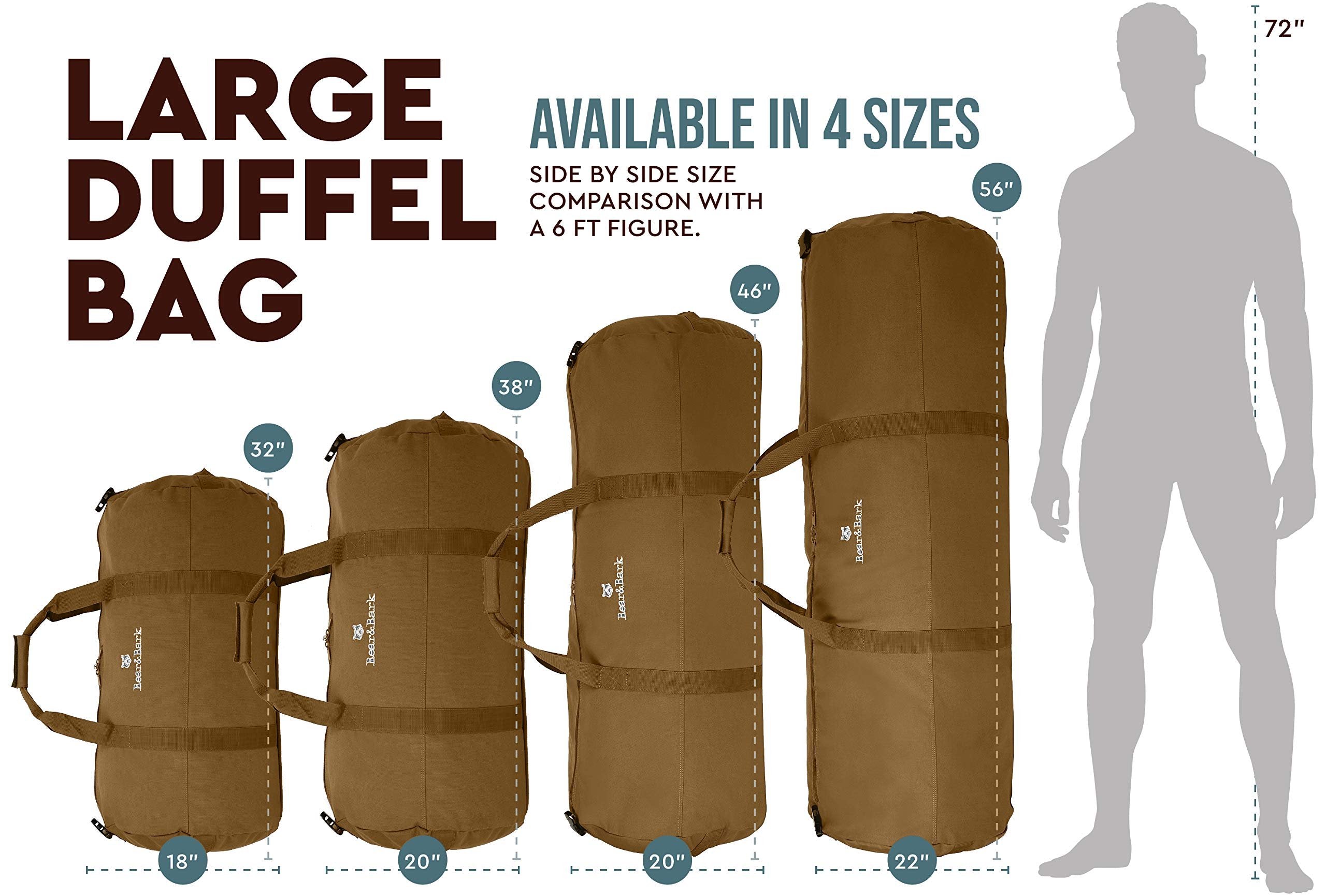 Bear&Bark Desert Brown Duffle Bag - Standard 32 X 18" - 133.4L - Military Style Travel Luggage for Men and Women"