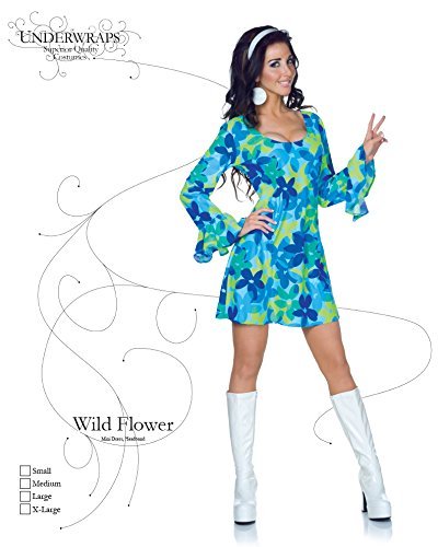 UNDERWRAPS Women's Wild Flower Mini Dress Costume - Size Medium Blue/Green Retro Style Hippie