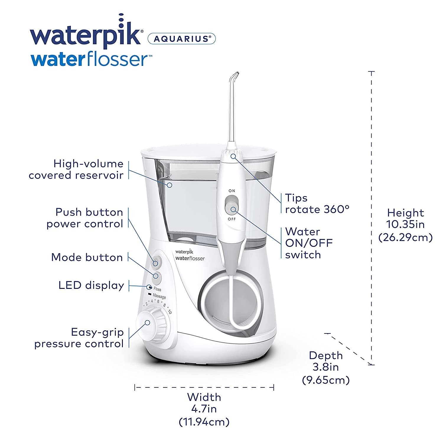 White Waterpik Aquarius Water Flosser Professional w/ 10 Settings & 7 Tips - Size 10.35x3.8x4.7