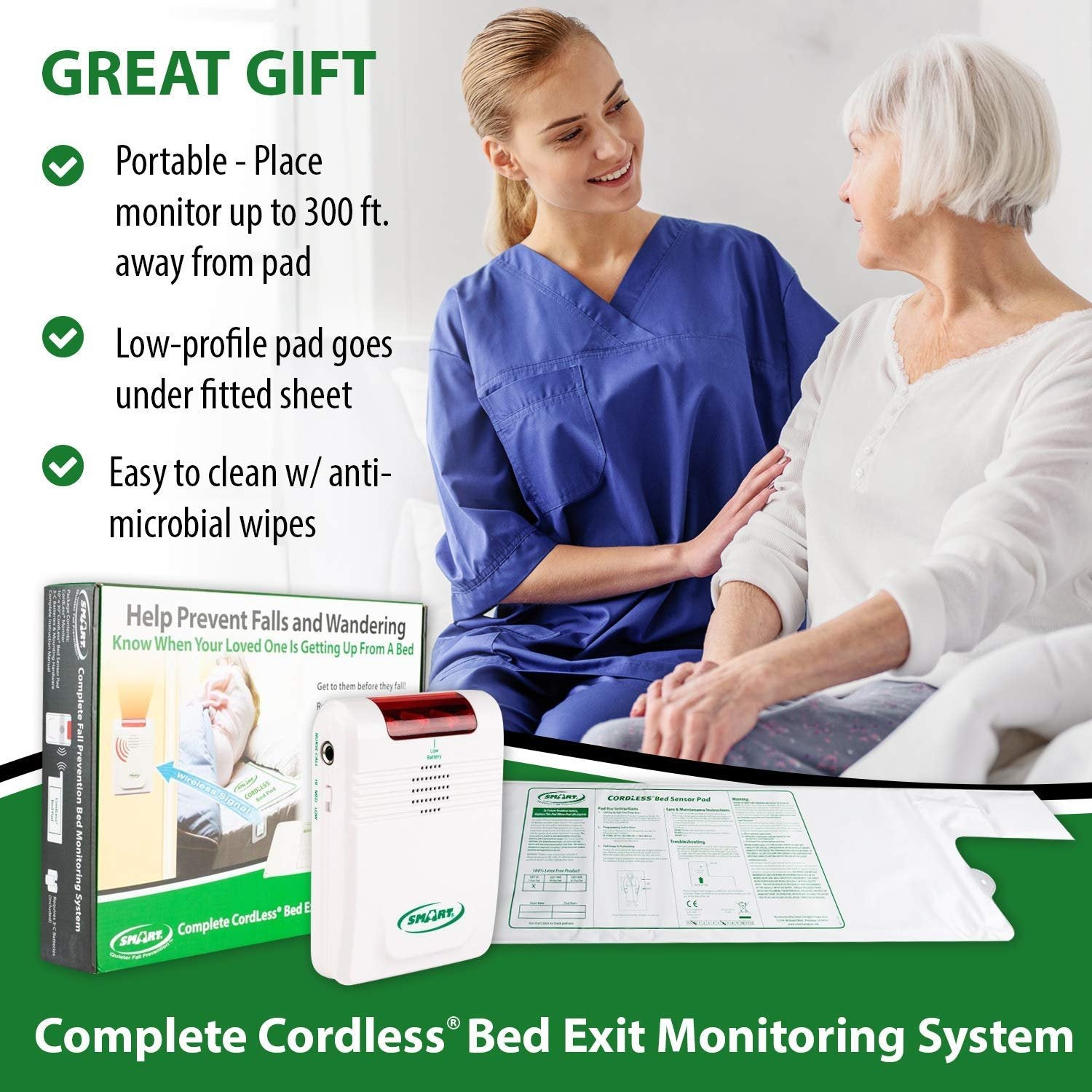 Smart Caregiver Corporation Cordless Bed Exit Monitoring System Alarm with Bed Pressure Sensing Pad - Help Prevent Falls and Wandering While Unattended