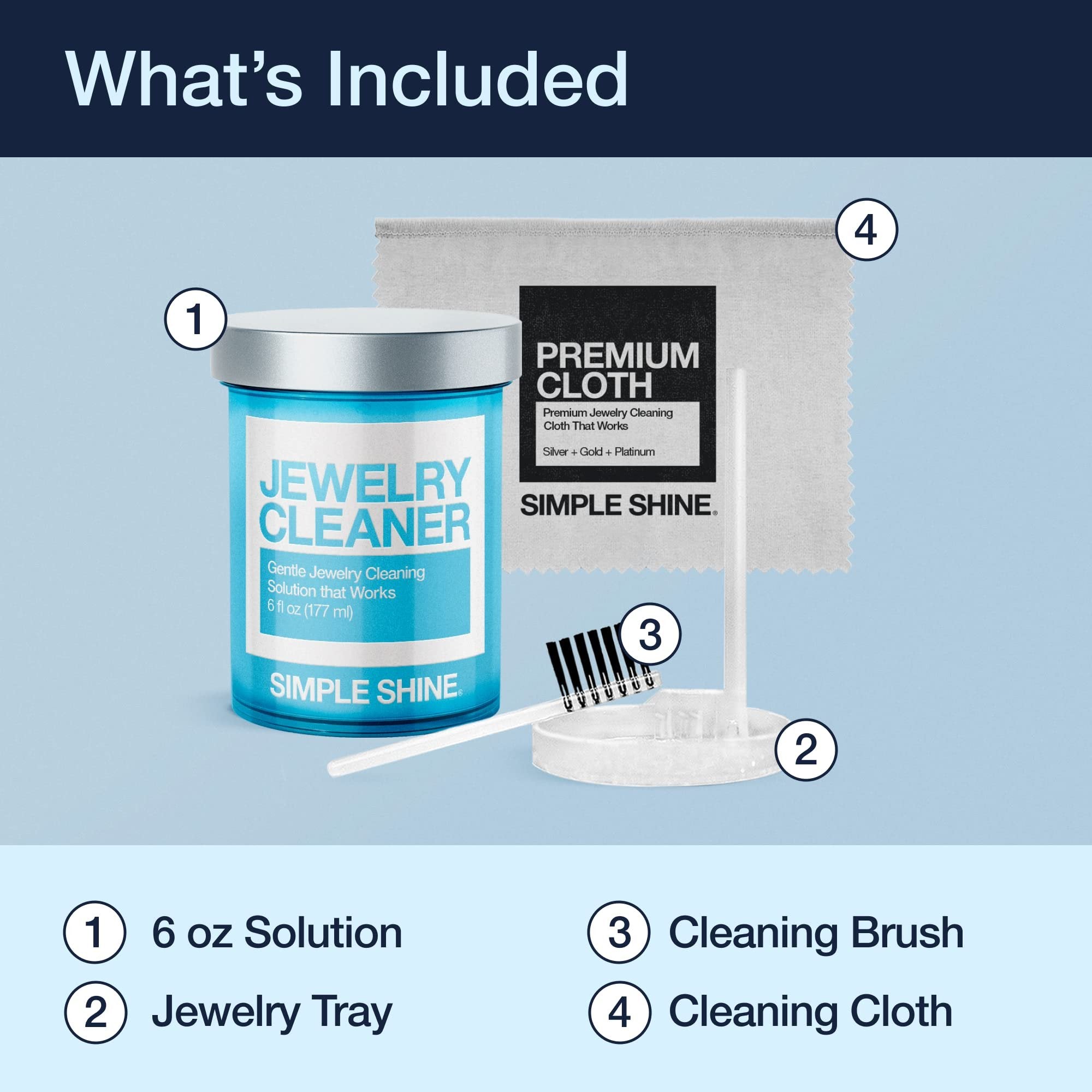 Simple Shine Jewelry Cleaning Kit - 6 Fl Oz - Gold - Polishing Cloth, Brush & Cleaner Solution - USA Made