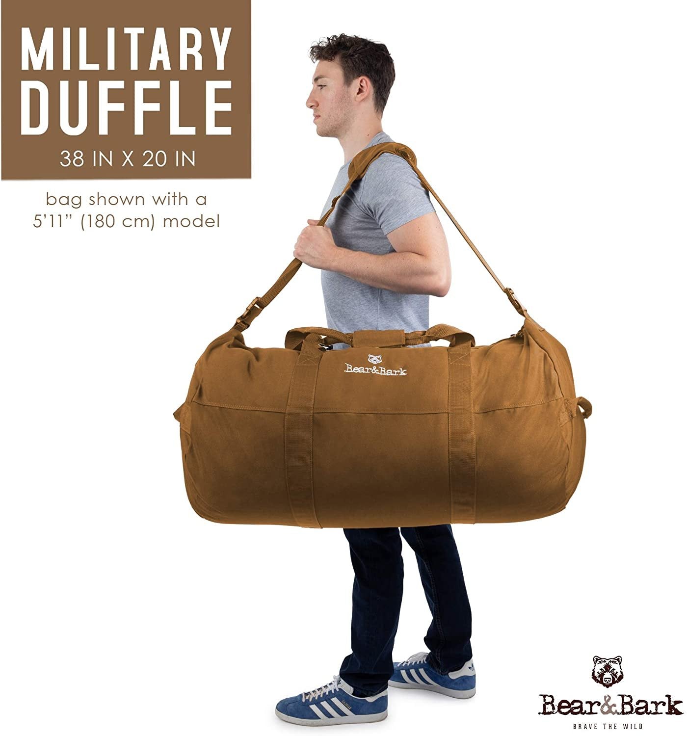 Very Large Duffle Bag – Desert Brown 38”x20” - 195.6L - Canvas Military and Army Cargo Style Duffel Tote for Men and Women– College Student, Gym, Backpacking, Travel Luggage and Storage Shoulder Bag