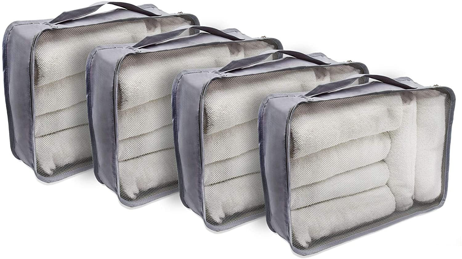 Travel Packing Cubes Grey Large 4 Set - Foldable Organizers For Luggage, Home, and Travel - High Capacity Mesh-Front Ripstop Nylon