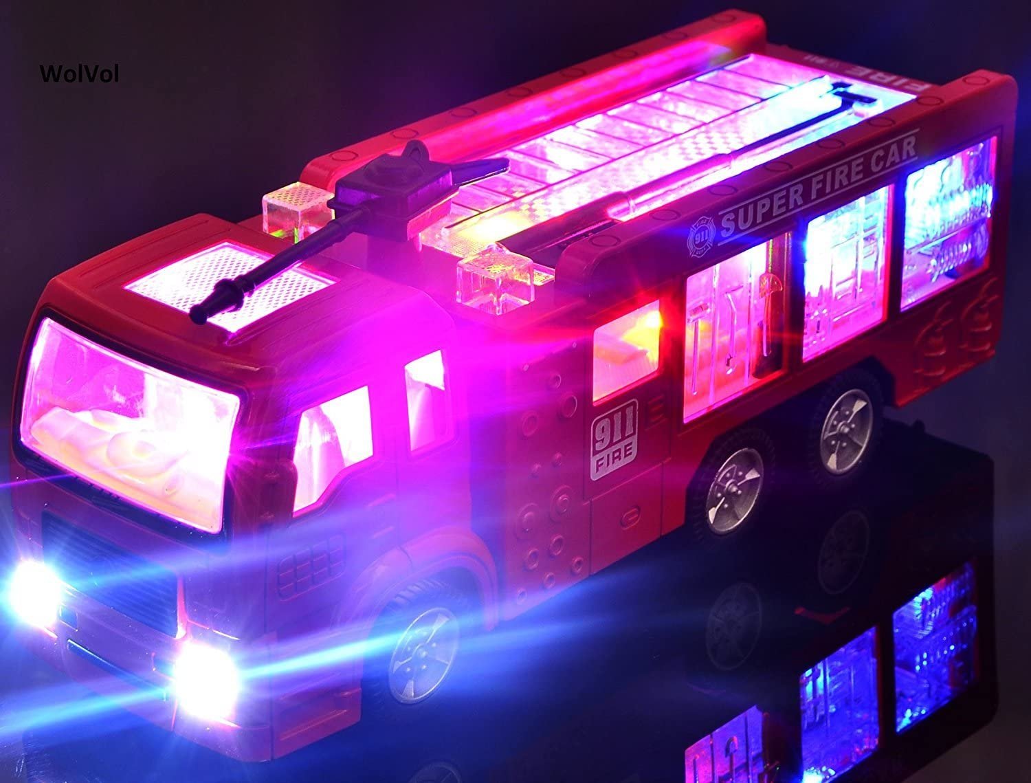WolVolk Electric Fire Truck Toy with Stunning 3D Lights and Sirens, goes Around and Changes Directions on Contact - Great Gift Toys for Kids