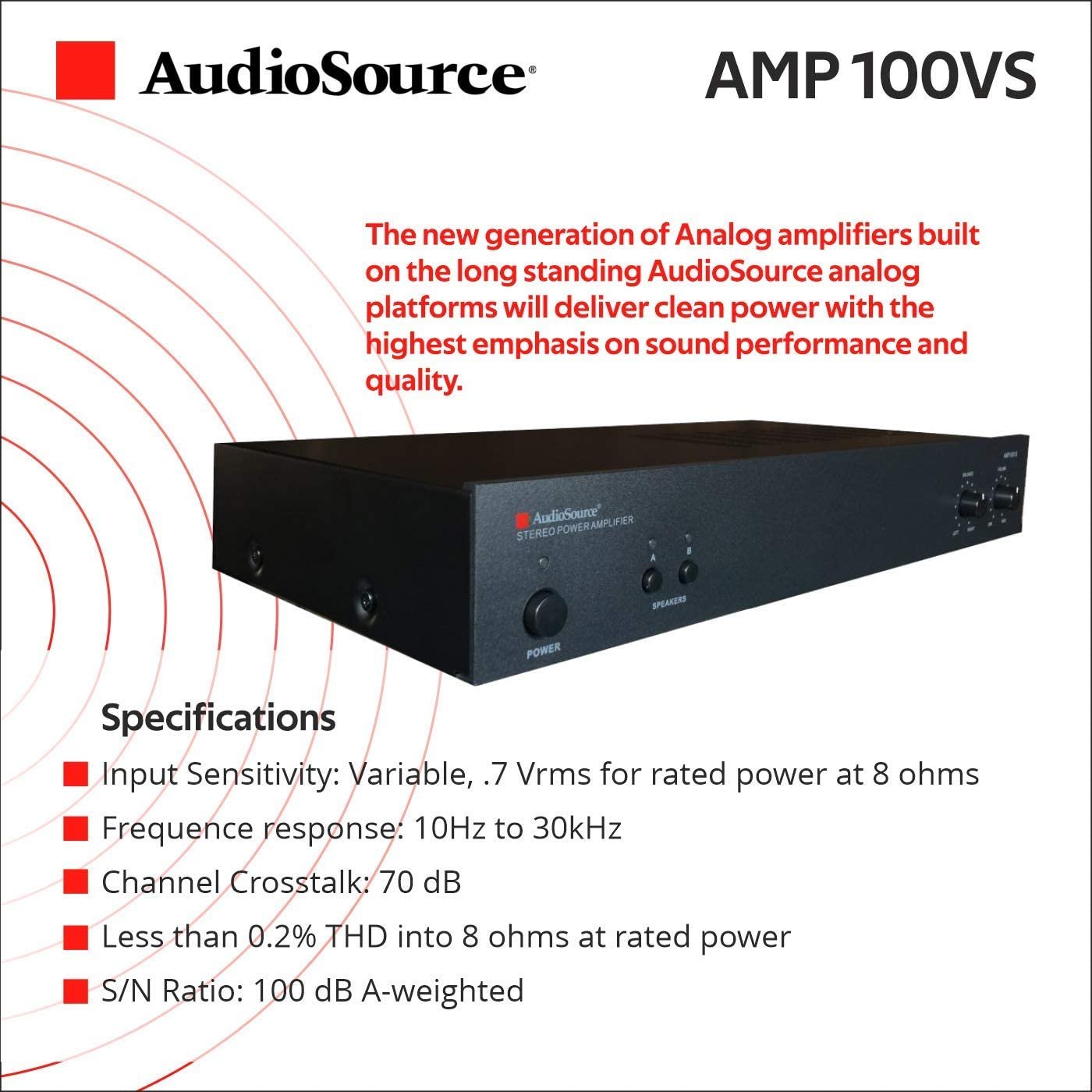 AudioSource Analog Amplifier, Stereo Power A Amplifier AMP100VS for Home Sound Systems