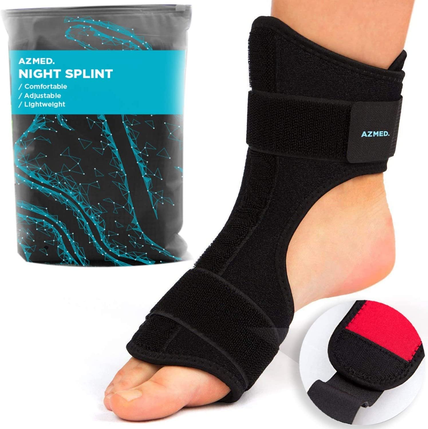 AZMED Plantar Fasciitis Night Splint, Adjustable Foot Drop Brace, Black, Sizes Available