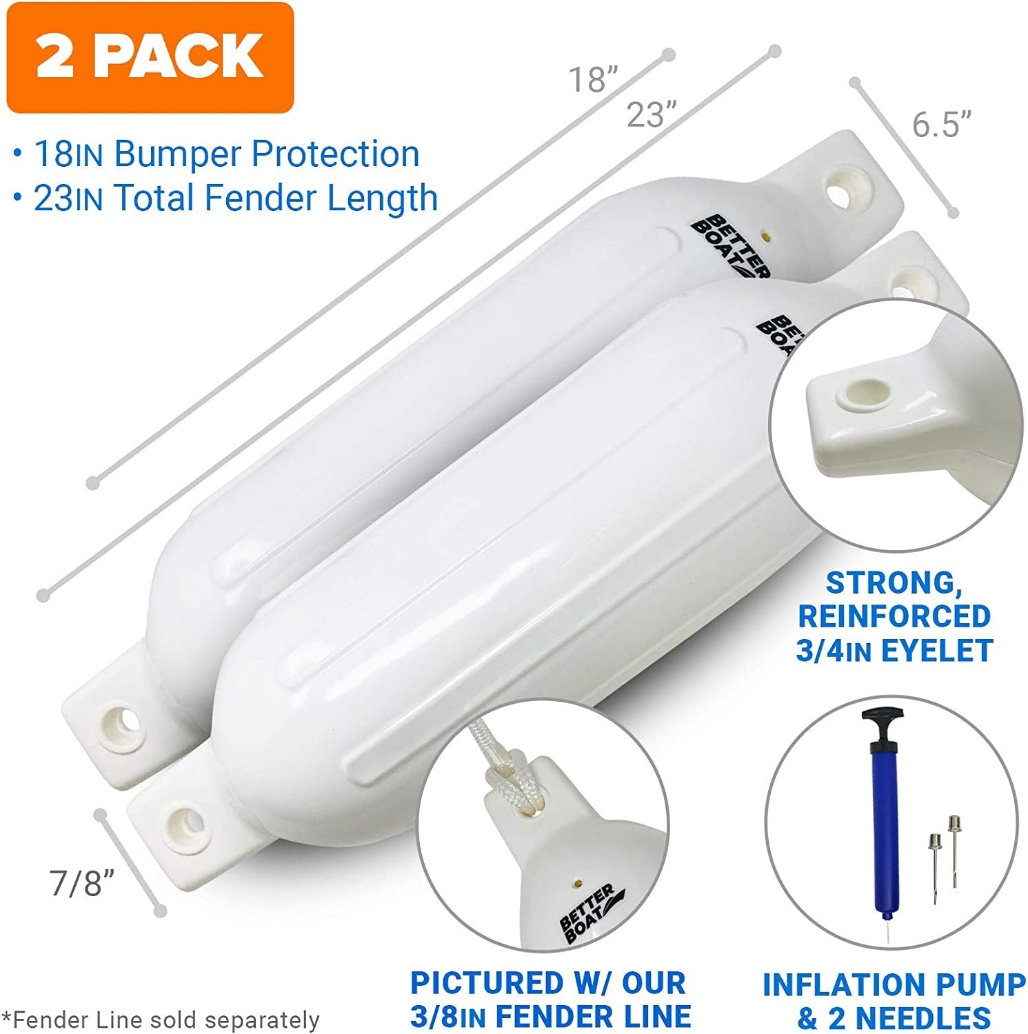2-Pack 23 x 6.5 Inflatable Boat Fenders - White - Free Pump - Marine Dock Bumpers