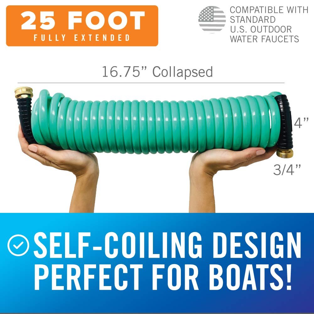 Better Boat 25FT Coiled Boat Hose | Green | Marine Grade | 3/4 Inch Connectors | Self Recoiling