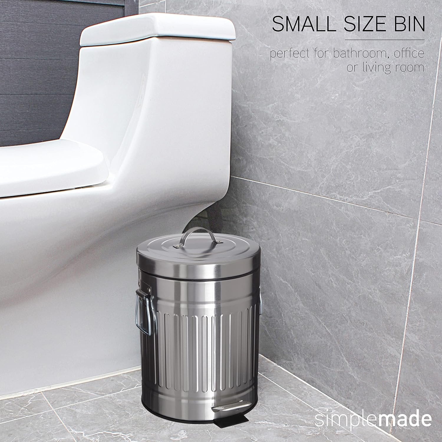 simplemade Round Step Trash Can - 5 Liter / 1.3 Gallon - Black Stainless Steel Bathroom Trash Can | Small Trash Can with Lid | Office Trash Can | Small Garbage Can with Lid | Metal Wastebasket