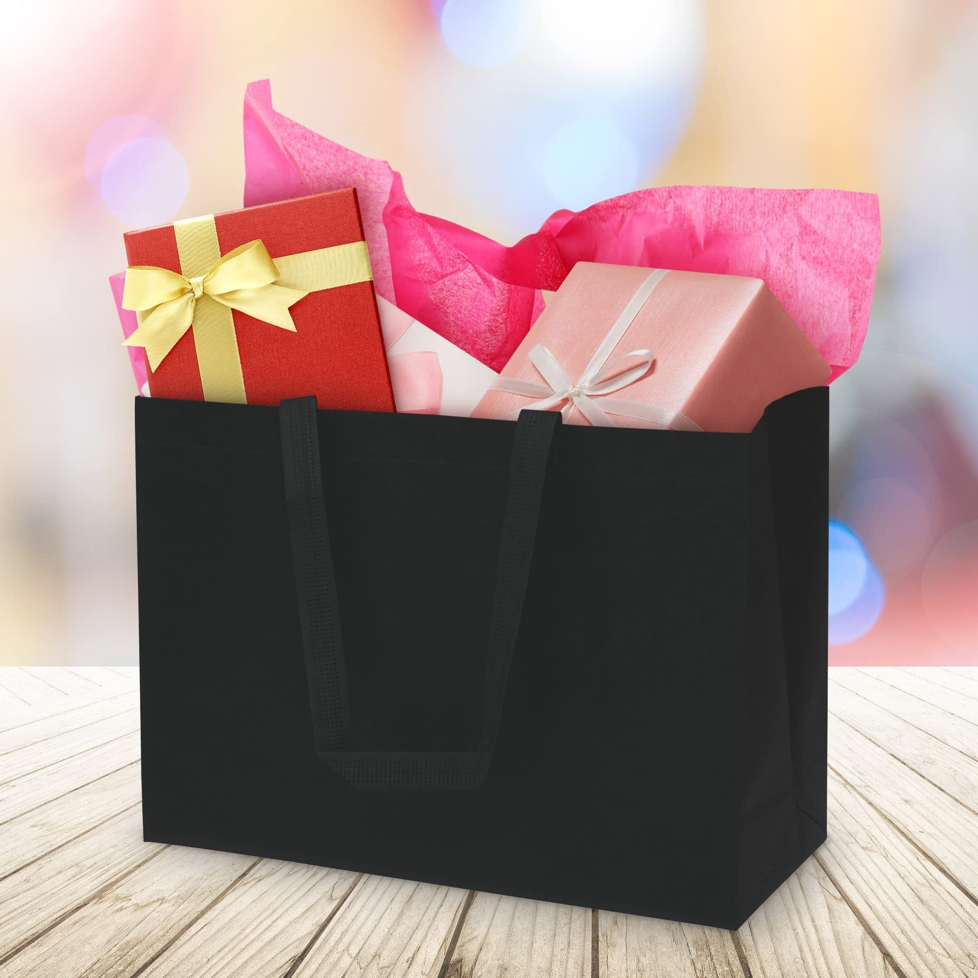 ZENPAC 12 Pack Large Reusable Gift Bags - 16x6x12 Inch Black Totes with Handles for Shopping, Events, Parties, and Retail Stores