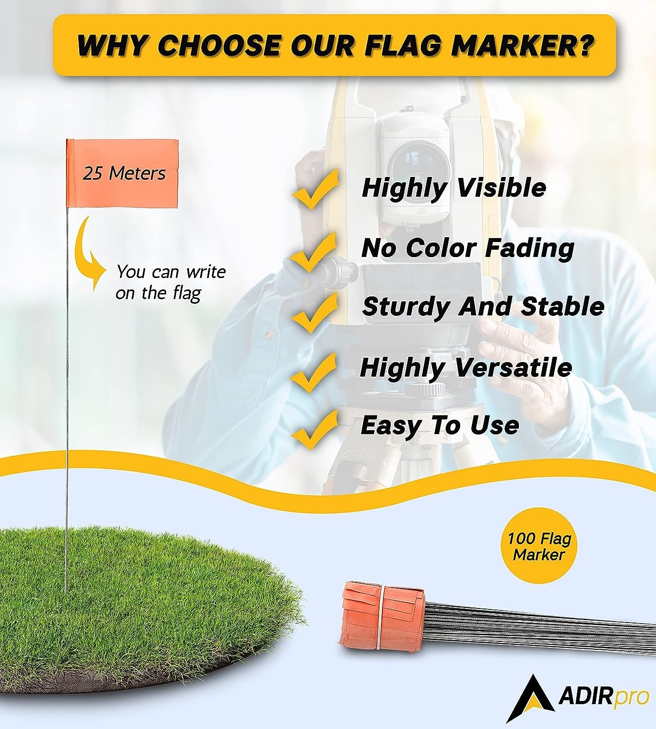 AdirPro Marking Flags 100 Pack - 2"x3" Lawn Flags - Marker Flags - Small & Thin Survey Flags - Flag Markers for Yard - Great for Ground Flags, Lawn Flags, Garden Flag Markers, Boundry Flags (Orange)