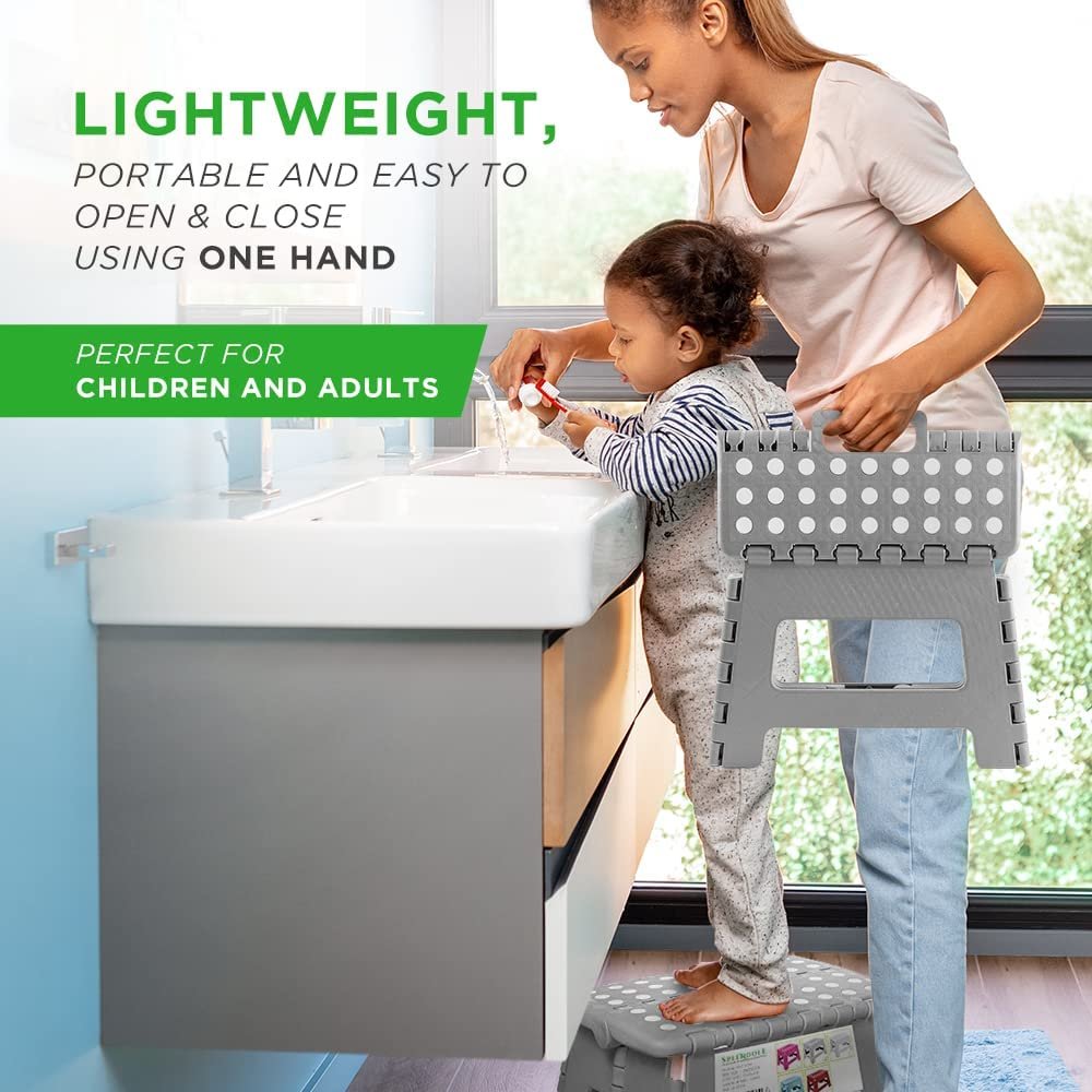 Gray Folding Step Stool - Lightweight Portable 11x8 Non-Slip, Supports up to 300lbs for Adults & Kids, Stable Boost in Kitchen/Bathroom