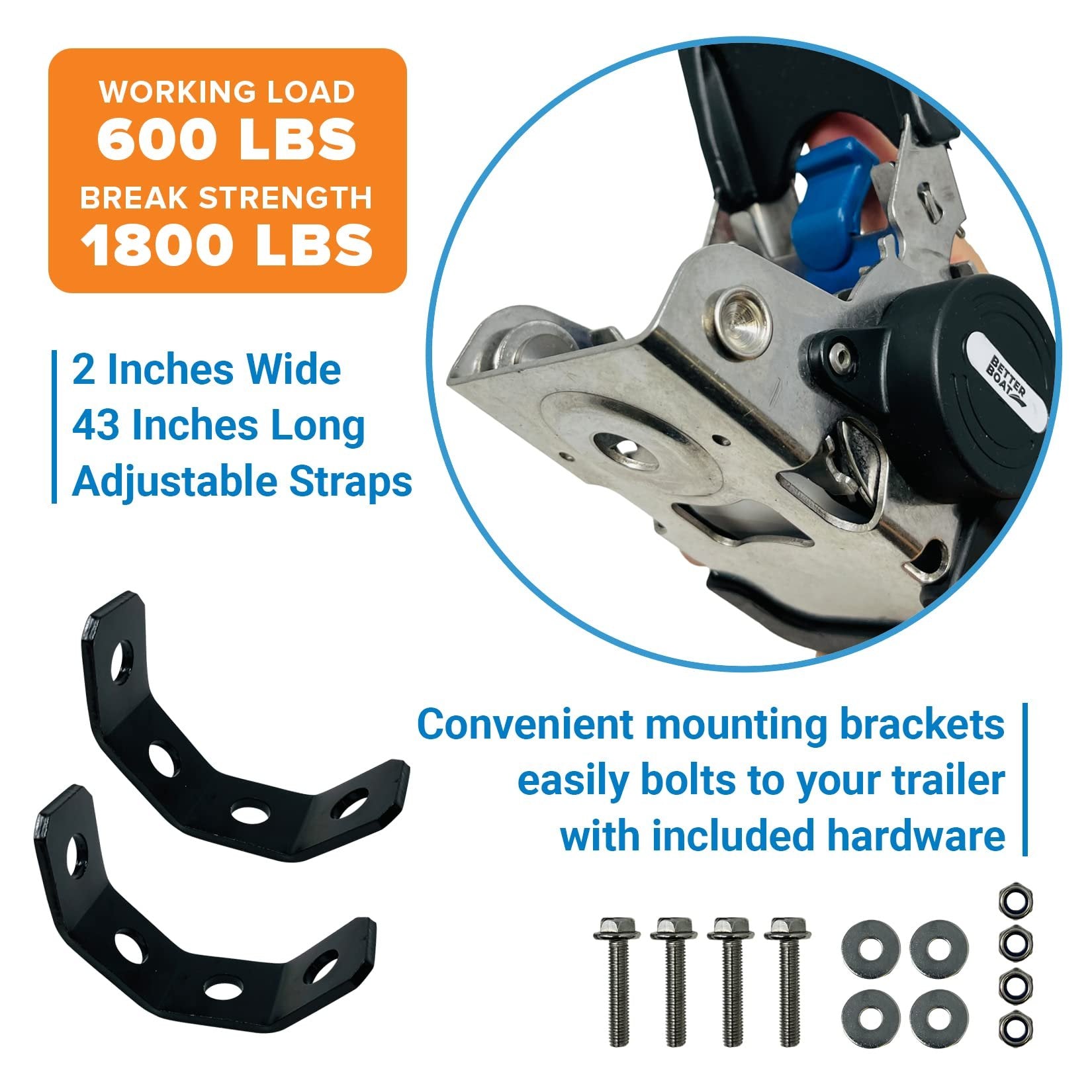 Stainless Steel Retractable Ratchet Straps Heavy Duty Set 2 Transom Tie Downs to Boat Trailer Mounting Brackets & Bolts Set 2 inch x 43" Auto Retract Self Retracting Buckle Short & Long for Cargo