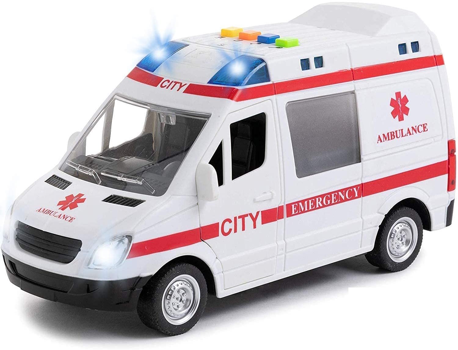 Ambulance Toy Car with Light & Siren Sound Effects - Friction Powered Wheels & LED Lights - Heavy Duty Plastic Rescue Vehicle Toy for Kids & Children by Toy To Enjoy