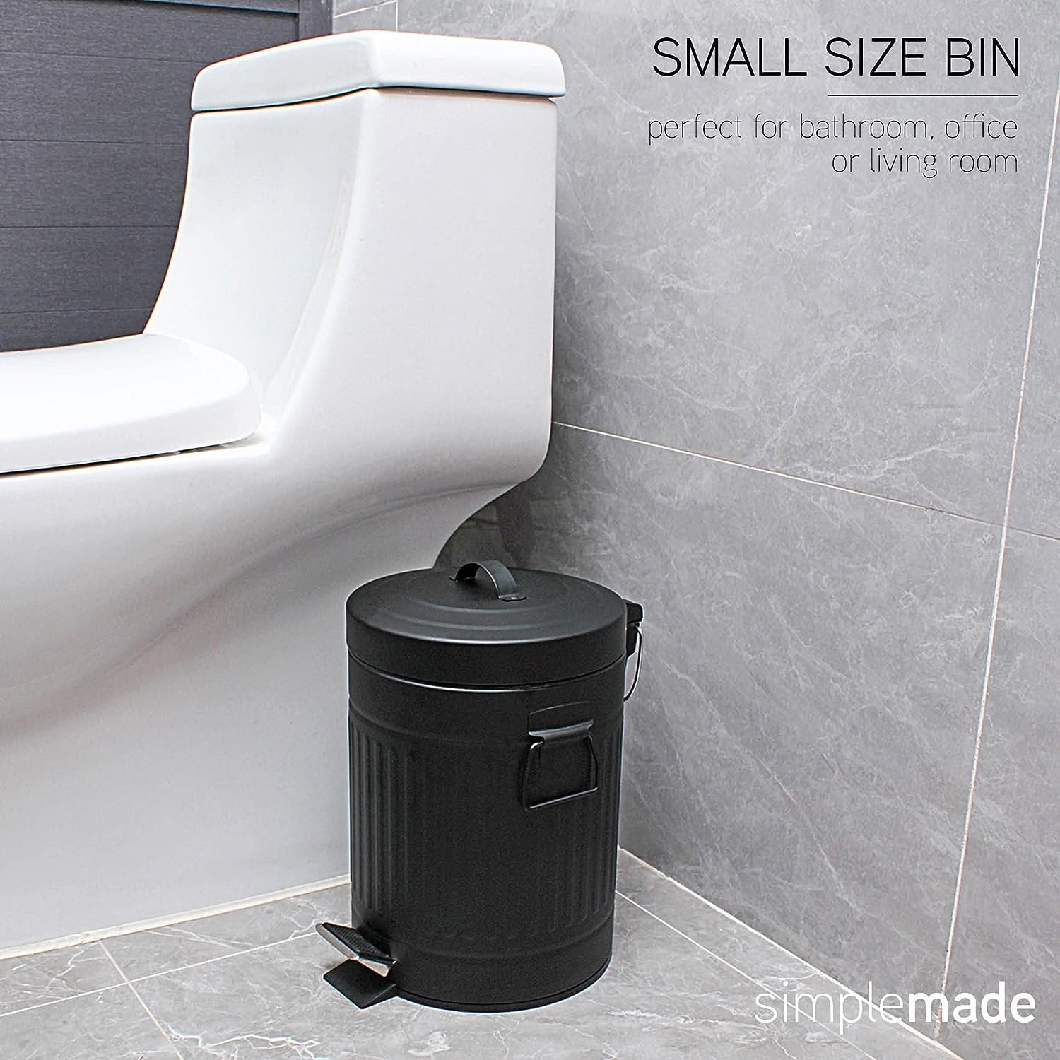 SIMPLEMADE Round Step Trash Can, Stainless Steel with Lid, Small Metal Wastebasket / Garbage Can For Bathroom, Office, Black, 5 Liter / 1.3 Gallon -