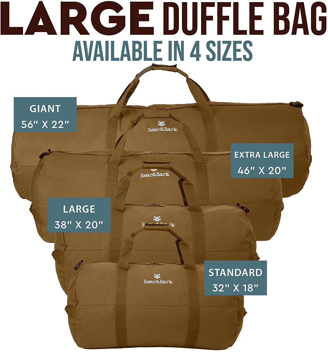 Very Large Duffle Bag – Desert Brown 38”x20” - 195.6L - Canvas Military and Army Cargo Style Duffel Tote for Men and Women– College Student, Gym, Backpacking, Travel Luggage and Storage Shoulder Bag