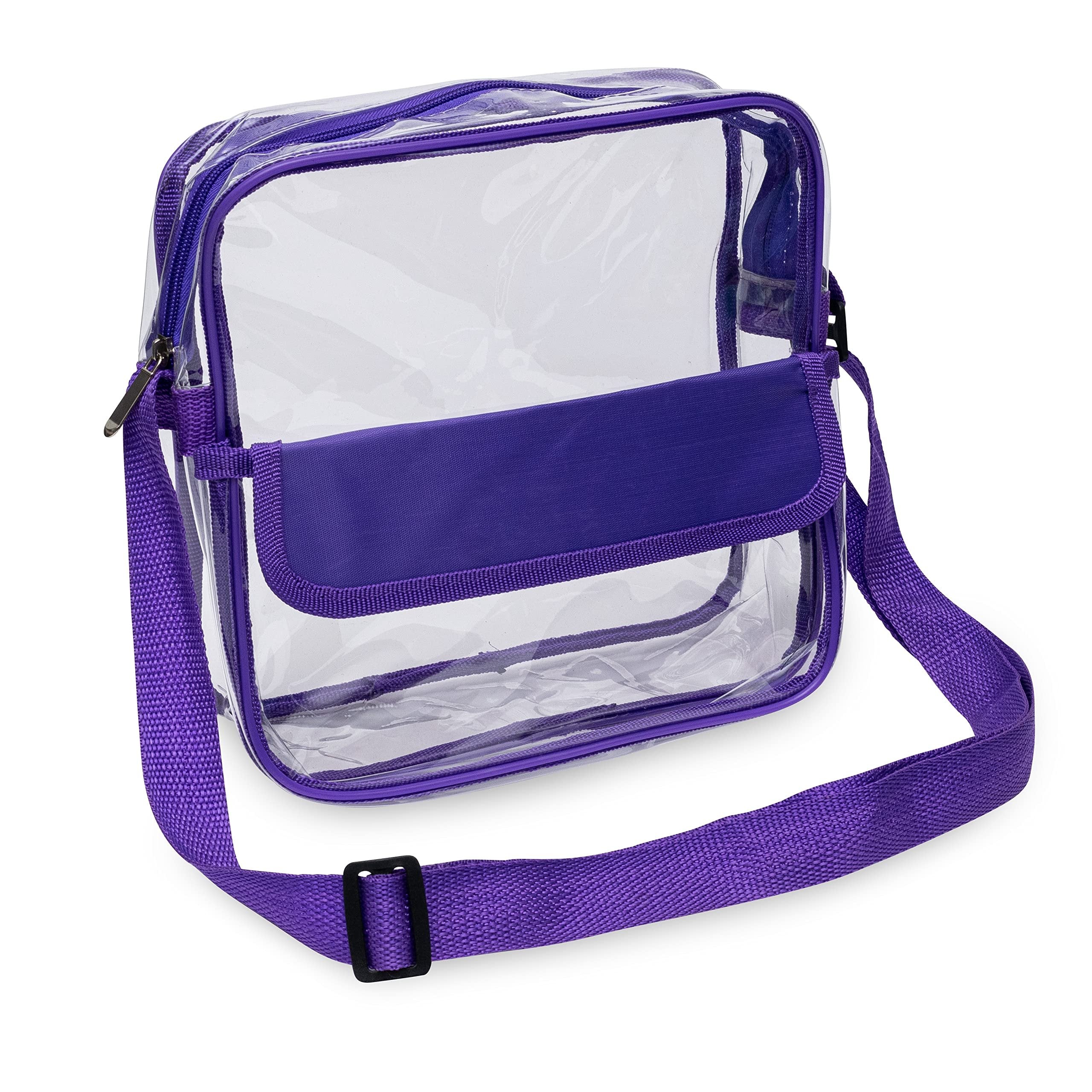 Clear Crossbody Purse - See-Through Vinyl Bag with Zipper, Front Pocket & Adjustable Strap, Purple, Size 10x10x4.5