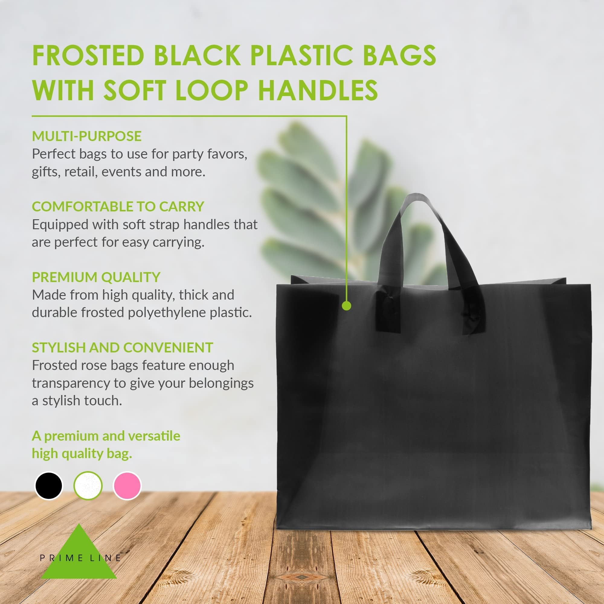 Prime Line Packaging Black Plastic Bags - 16x6x12 Inch (100 Count) with Handles, Gusset & Cardboard Bottom - Perfect for Retail, Gifts, Events