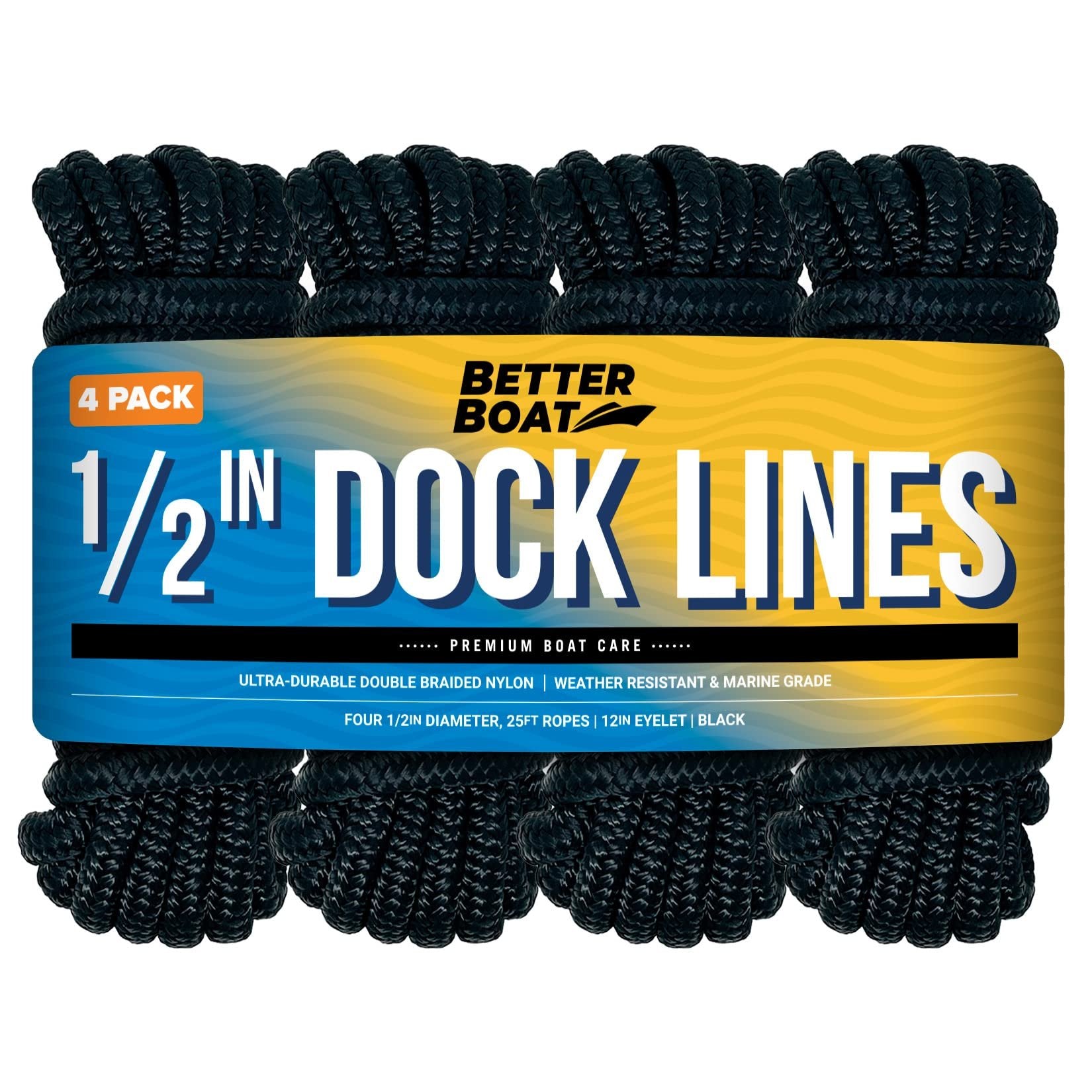 Boat Dock Lines 1/2 x 25 Ft - Braided Nylon Marine Rope Black 4 Pk with Loop - Free Shipping