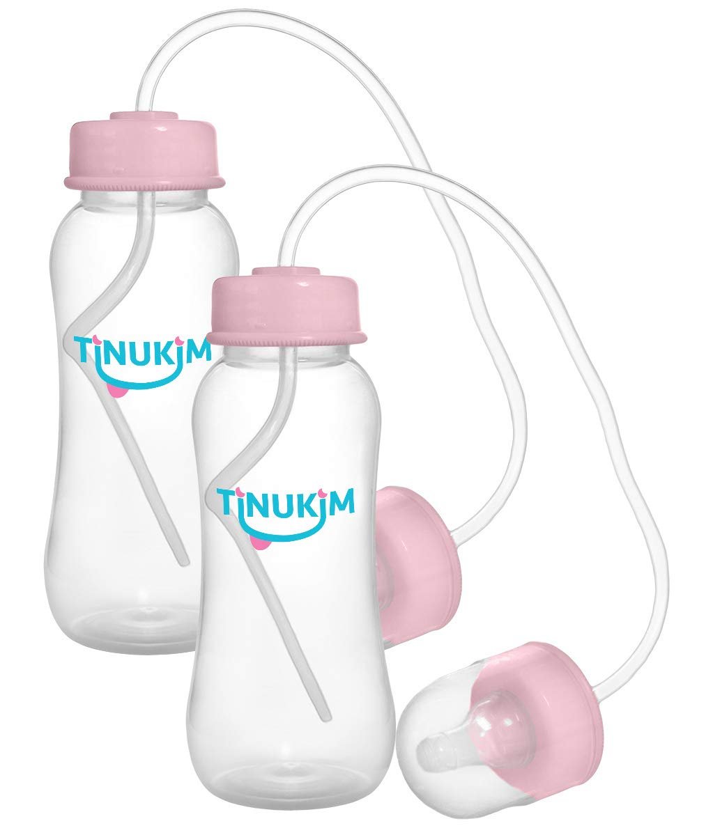 Tinukim iFeed Self-Feeding Baby Bottle Pink 9oz - Anti-Colic Nursing System, 2-Pack