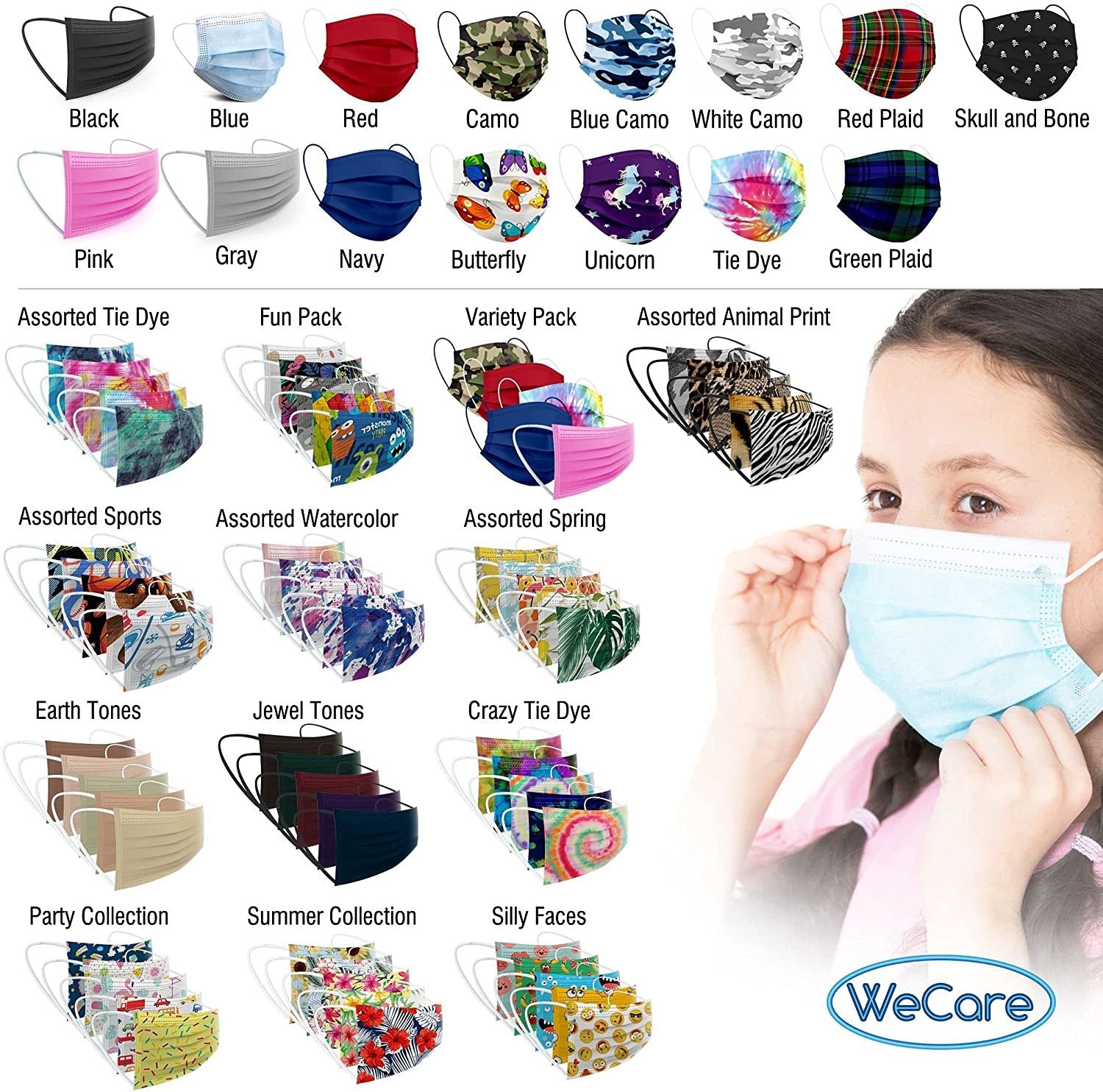 WeCare Disposable Face Masks For Kids, 50 Printed Masks, Individually Wrapped