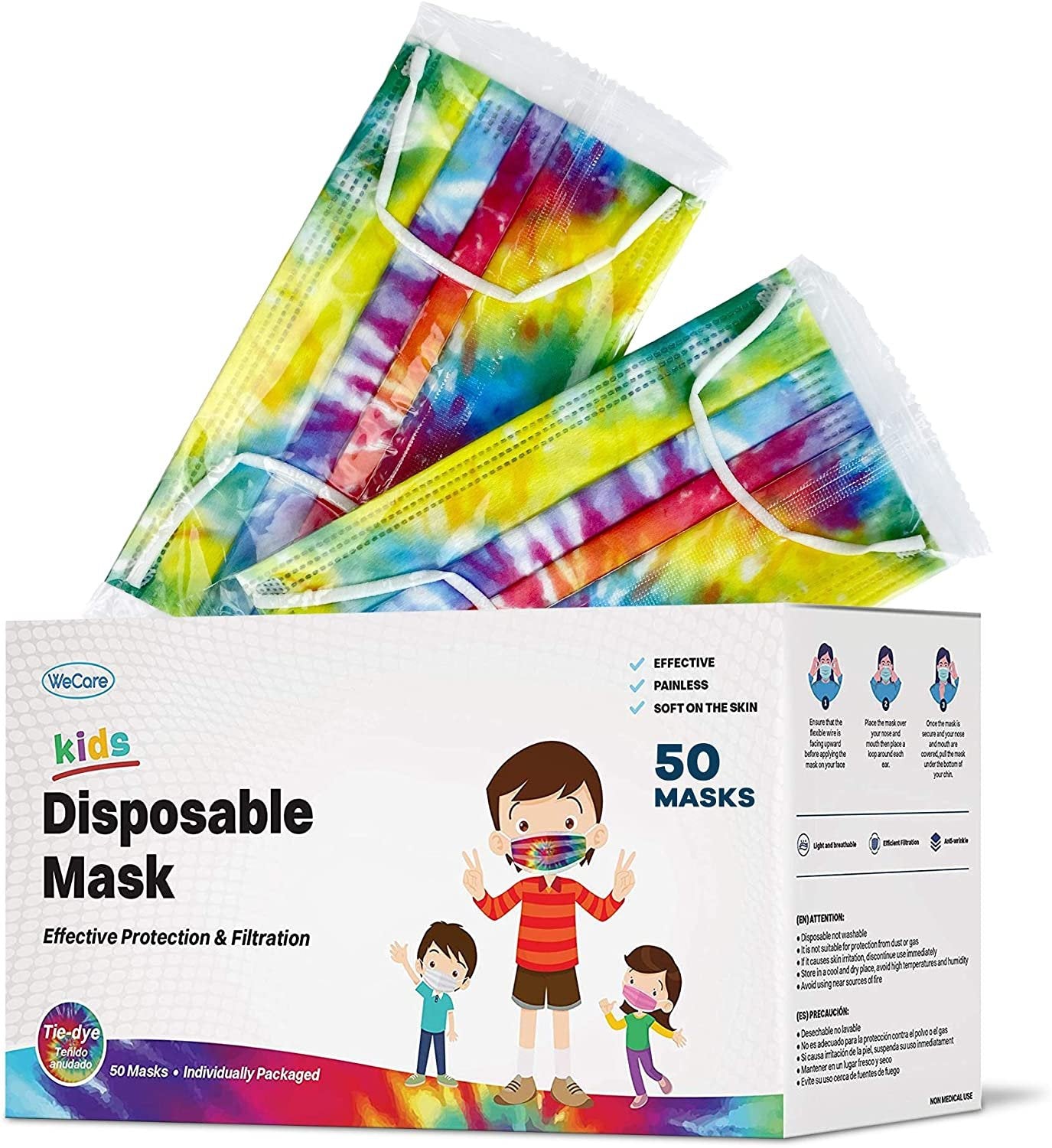 WeCare Disposable Face Masks For Kids, 50 Printed Masks, Individually Wrapped