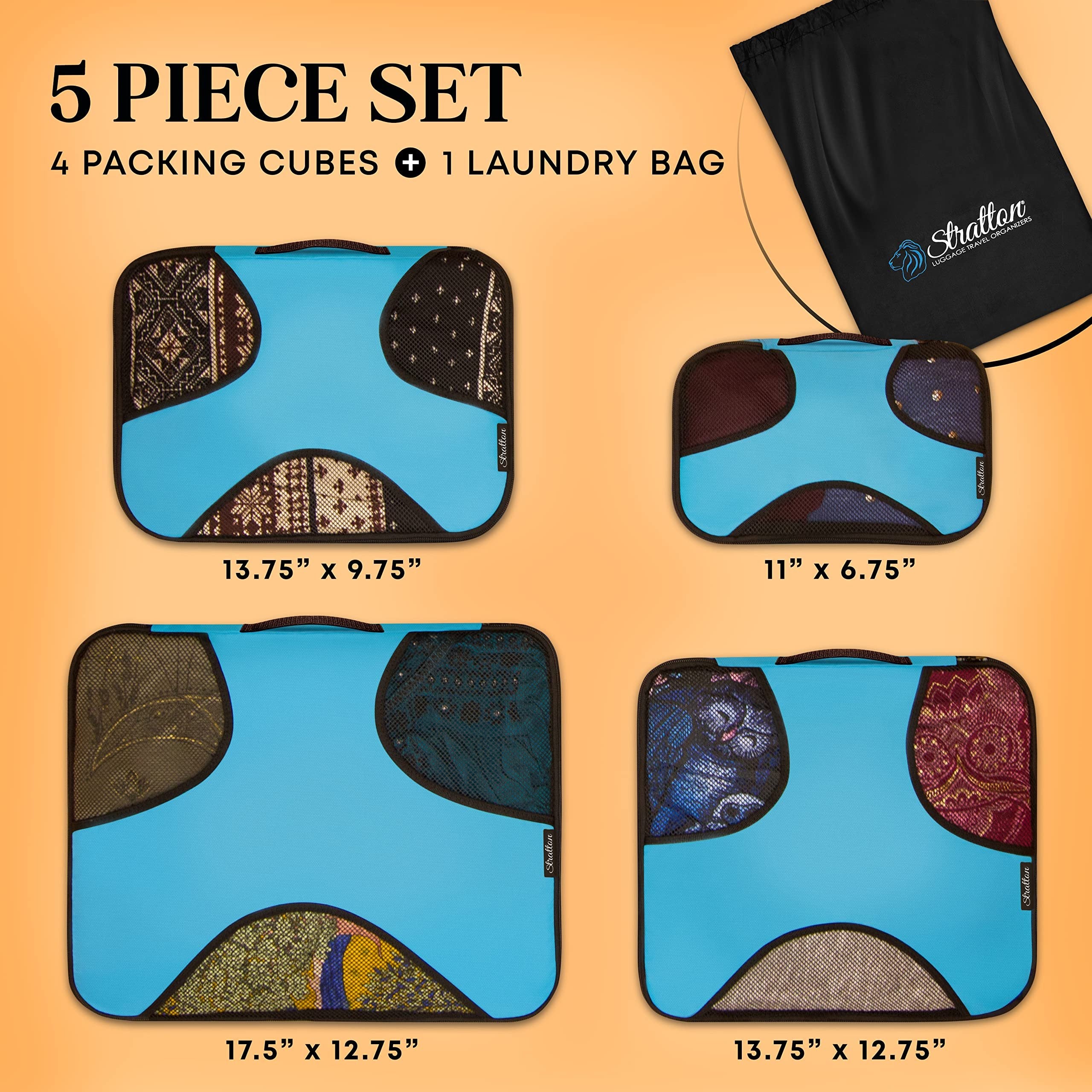 Stratton Packing Cubes Set of 5 | Aqua Teal | Travel Luggage Organizers + Laundry Bag | Free Shipping