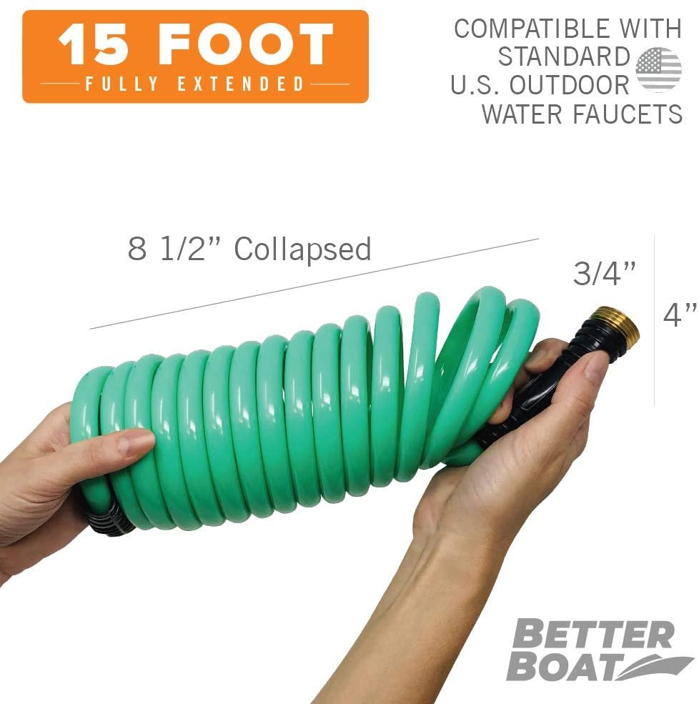 15FT Coiled Boat Hose | Green Expandable Water Hose w/ 3/4 inch Connectors - Perfect for RV, Garden, Marine Grade - Self Recoiling