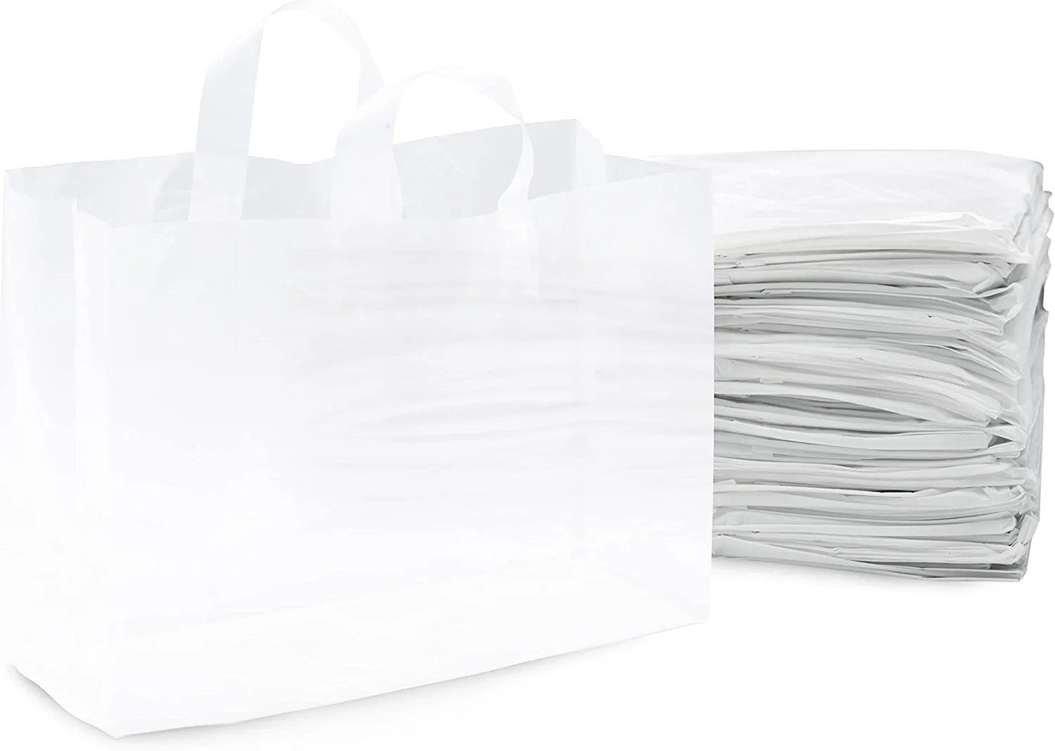 Shopping Bags for Small Business - 50 Pack Clear Plastic Bags, Large White Frosted Plastic Bags with Handles & Cardboard Bottom for Boutique, Merchandise, Retail, Gifts, Parties, Events - 16x6x12