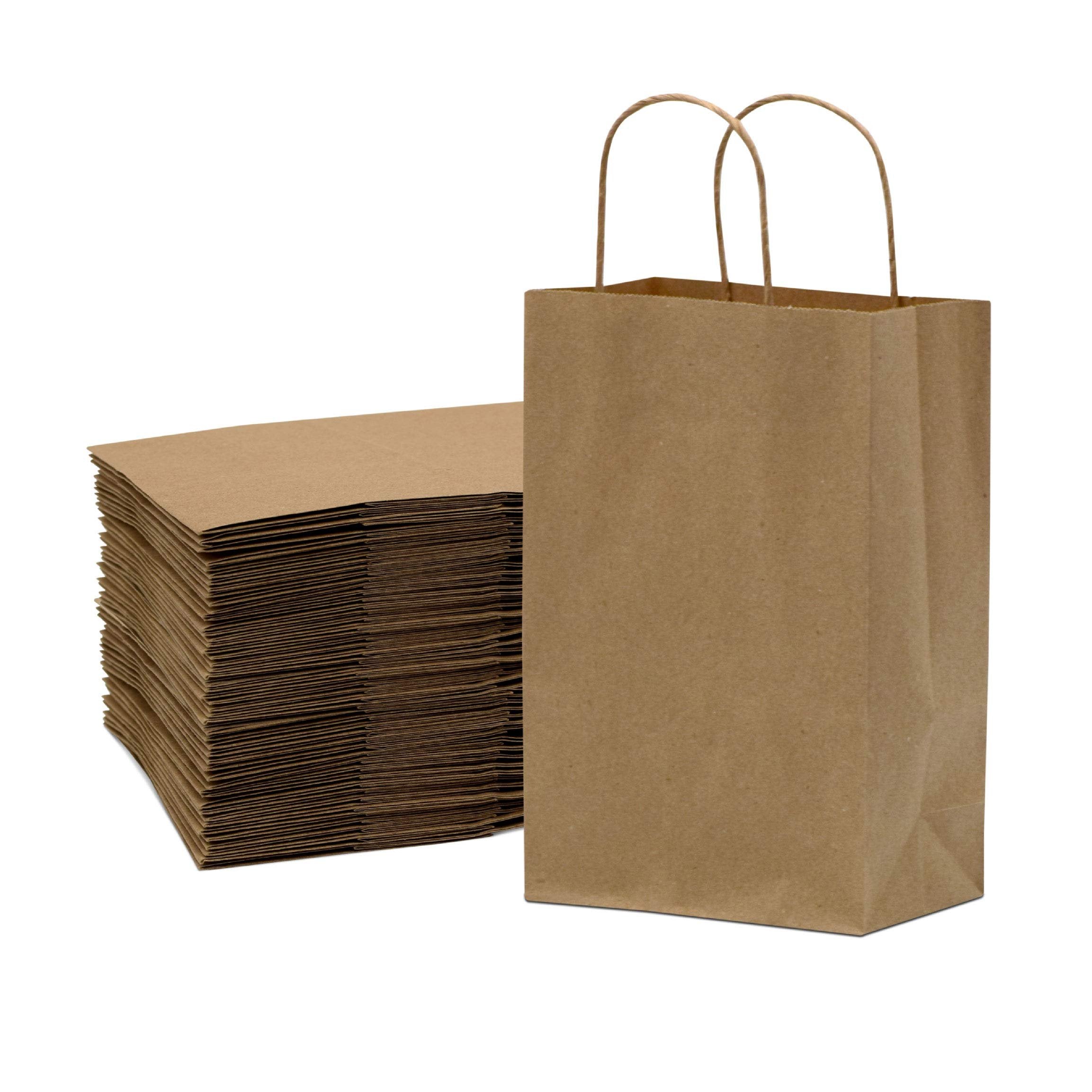 Prime Line Packaging Brown Paper Bags with Handles - 6x3x9 Inch (100 Pack) for Boutique, Gifts, Retail, Take Out