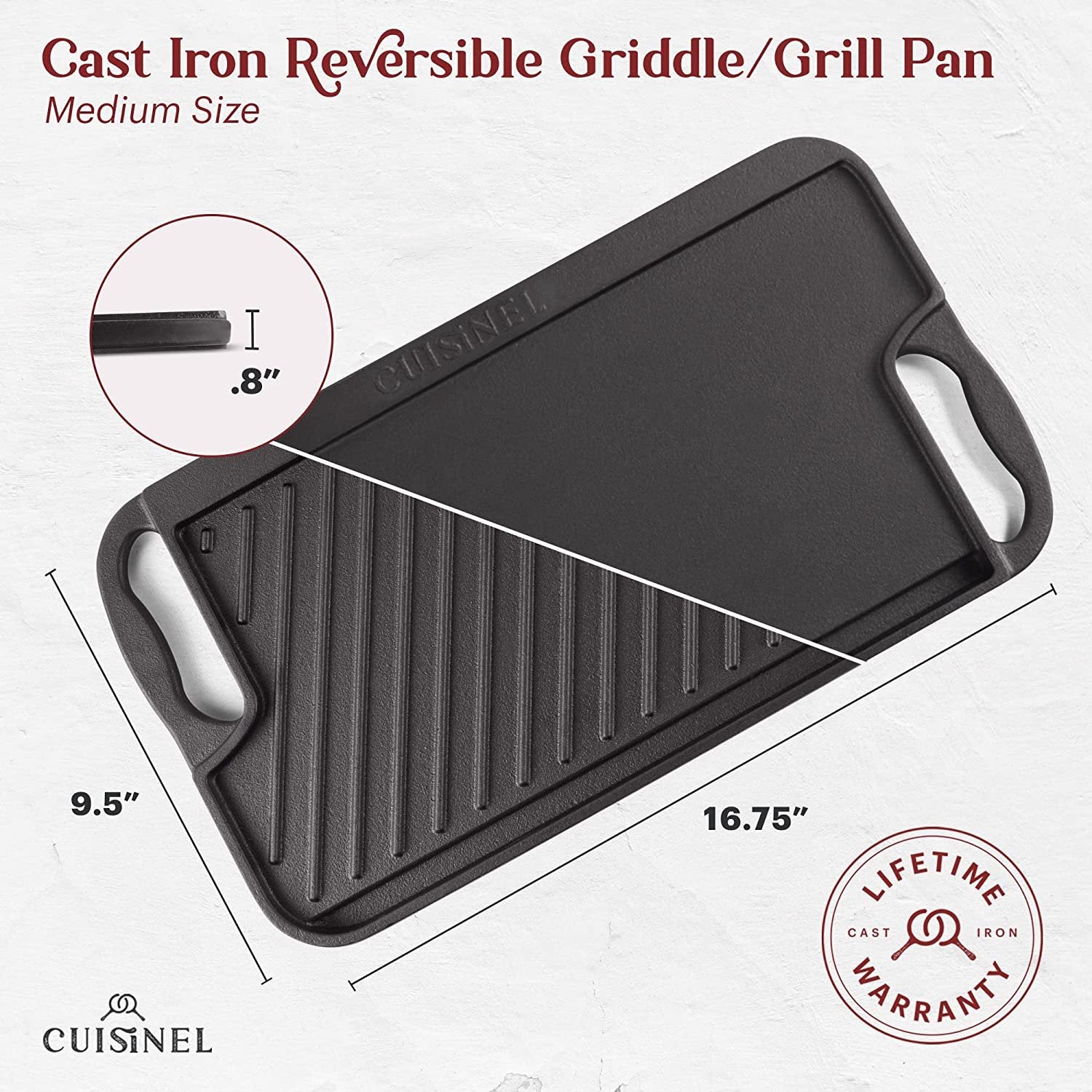 Cast Iron Griddle / Grill + Scraper / Cleaner - Reversible Pre-Seasoned 16.75" X 9.5"-inch Dual Handle Flat Skillet and Griller Pan + Cleaning Accessories - Indoor/Outdoor Stove Top Burner, Gas Safe