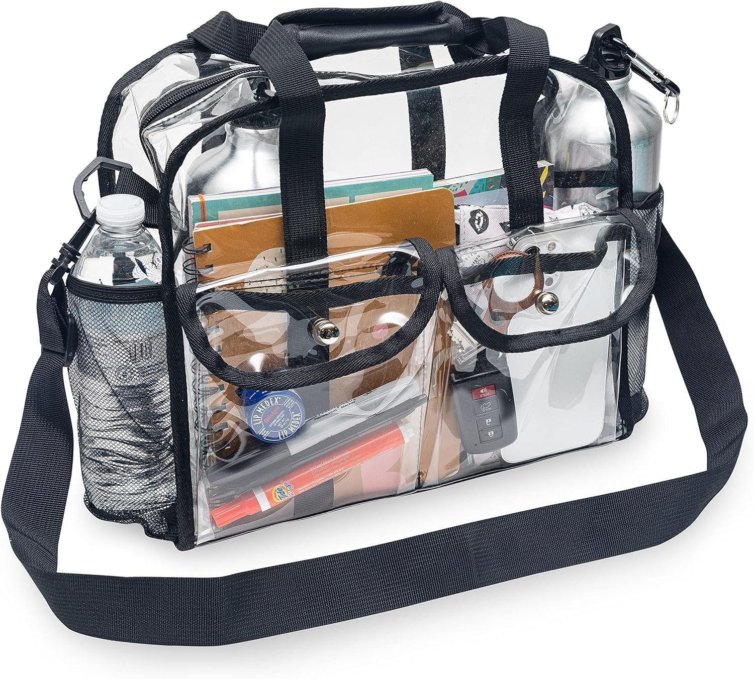 Clear Tote Bag - 12x6x12 Clear Stadium Bag, Transparent Water Resistant Plastic Messenger Tote with Handles, Shoulder Strap, & Pockets, Approved for Stadium Events, Concert, Festivals, Travel, Work