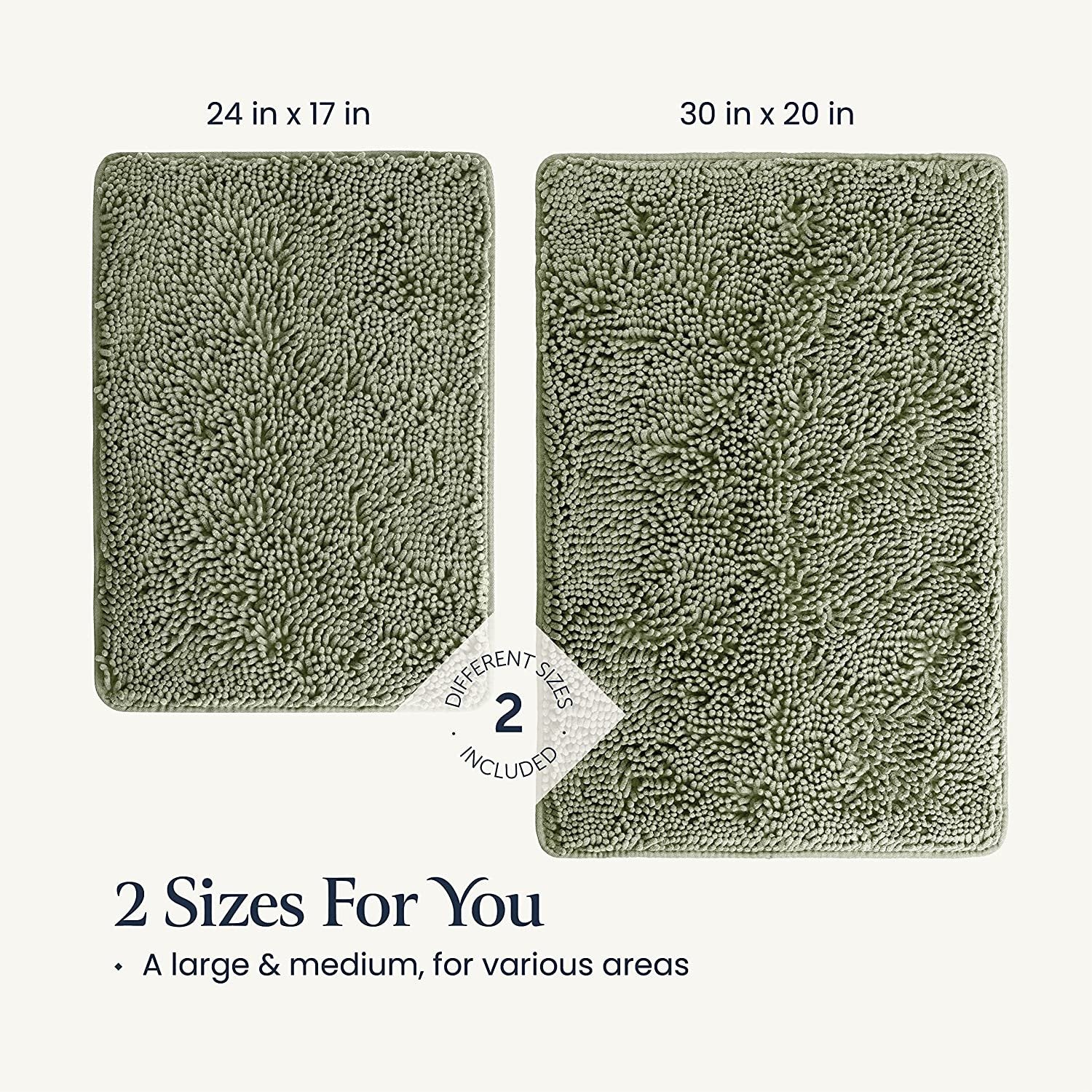BELADOR Sage Green 2pc Bathroom Rug Set - Soft Plush Chenille Bath Mats, Durable with Rubber Backing, Ultra Absorbent, 30x20 + 24x17 Inch Size