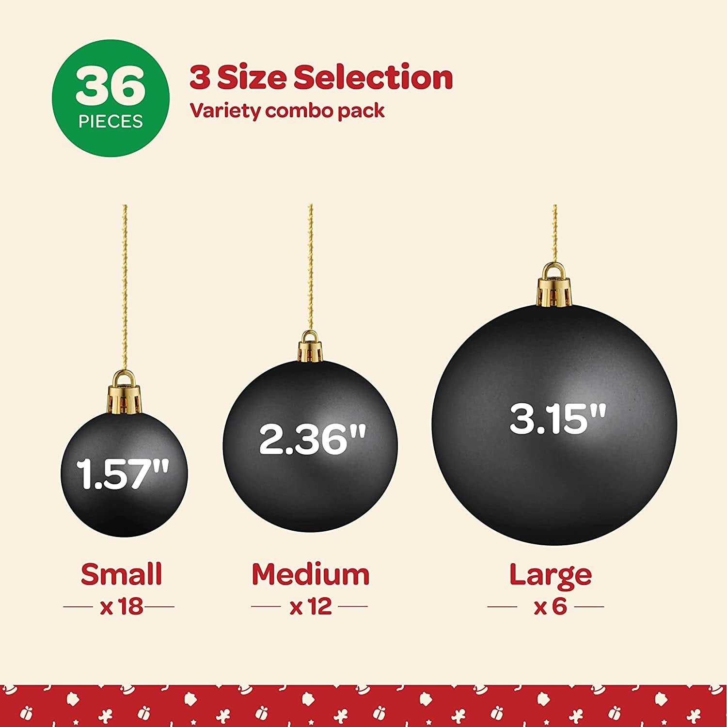Christmas Ornaments Set of 36 - Beautiful [Black] Christmas Tree Decorations Ornaments Set - 6 Style Christmas Ball Ornaments - Shatterproof/Pre-Strung - for Holiday/Party/Decorations/DIY