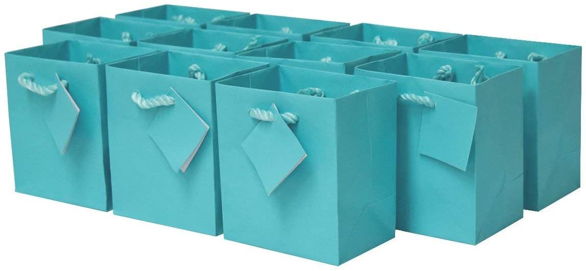 OccasionAll - 12 Pack Mini Gift Bags, Extra Small Designer Teal Paper Gift Bags with Rope Handles, Tiffany Blue Gift Wrap Euro Totes for Birthdays, Weddings, Gifts, Favors, Holidays - 4x2.75x4.5