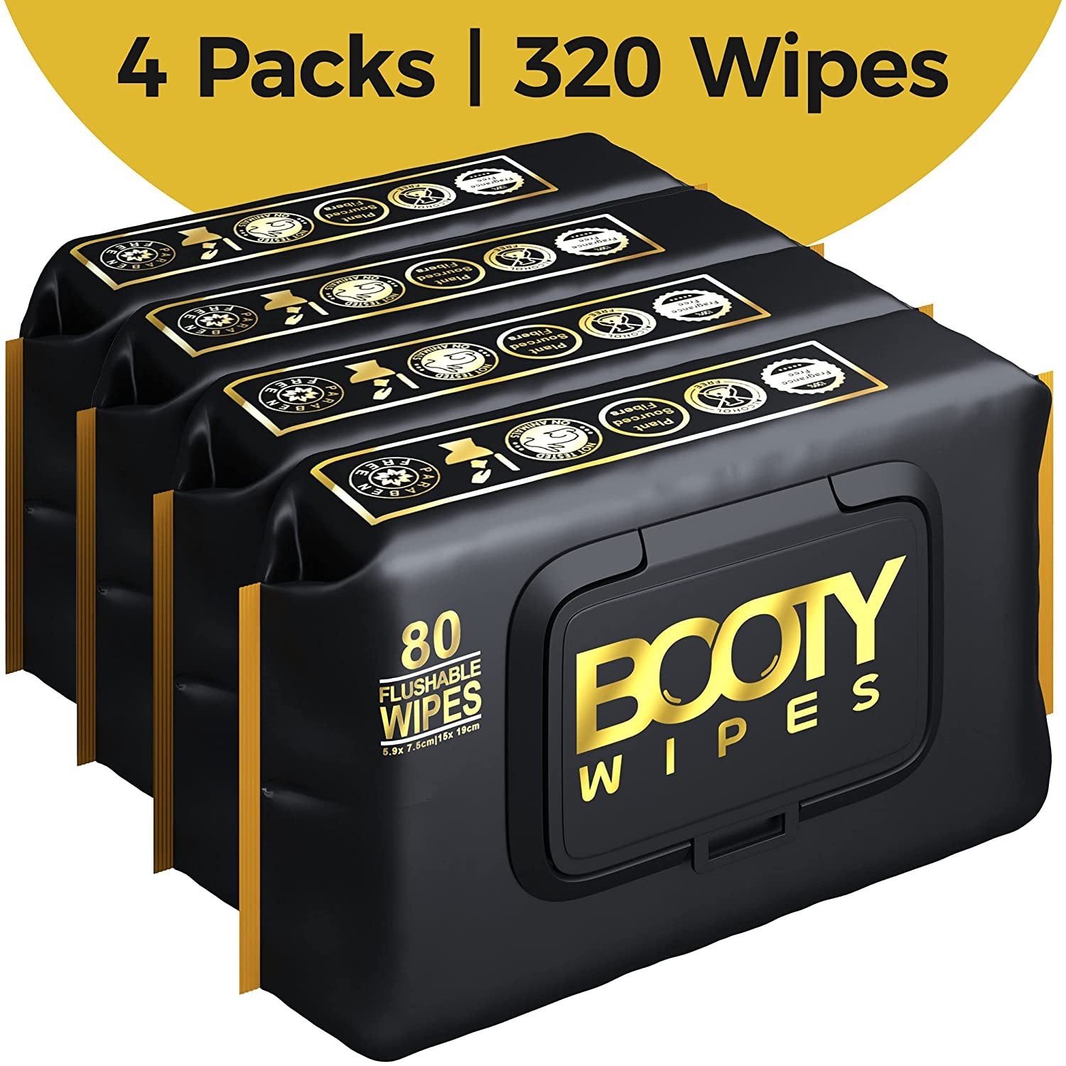 BOOTY WIPES for Men - 320 Flushable Wipes, pH Balanced, Infused with Vitamin-E & Aloe - White, Pack of 4 (80 ct each)