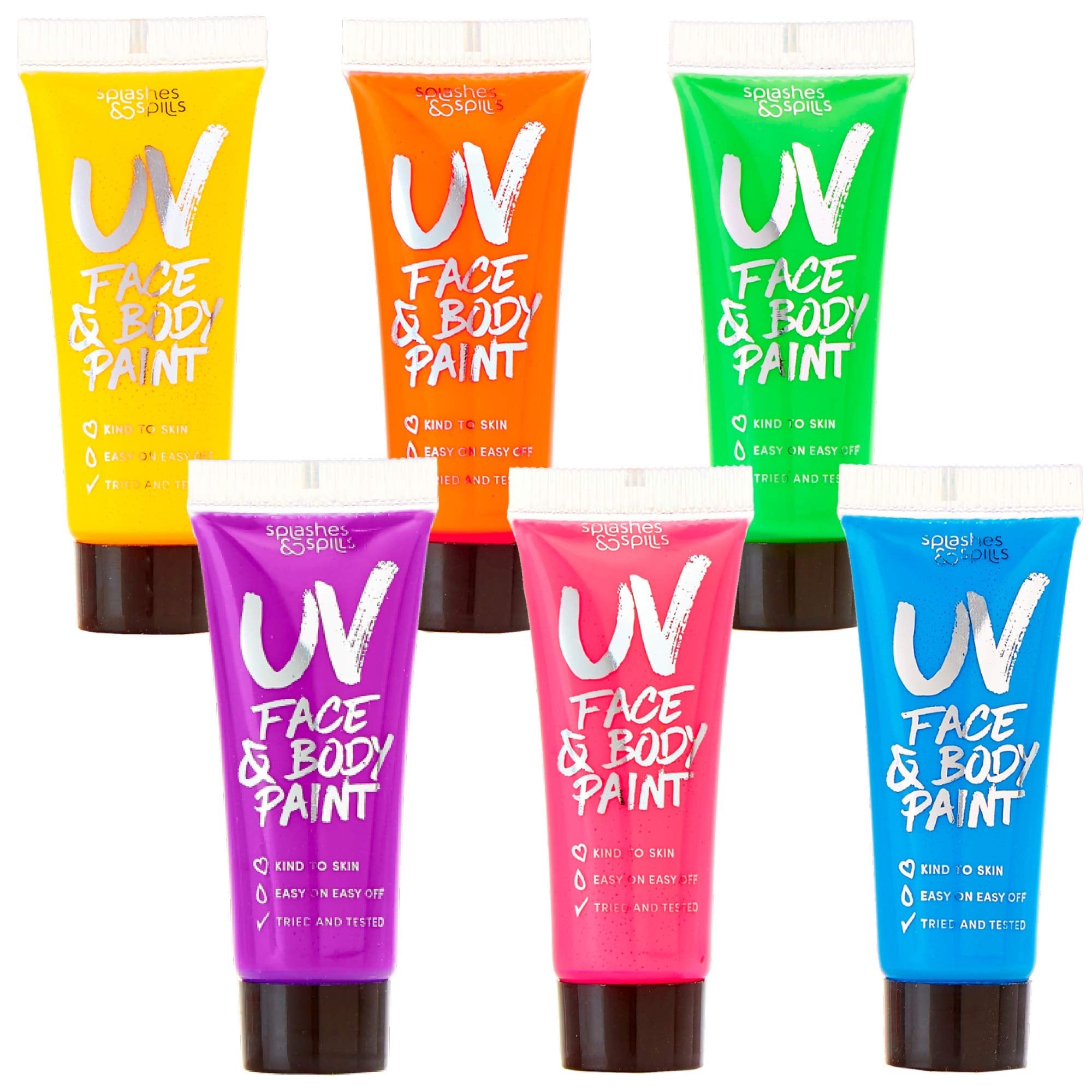 UV Glow Blacklight Face and Body Paint - 6 Color Variety Pack - 10ml - Day or Night Stage, Clubbing or Costume Makeup by Splashes & Spills