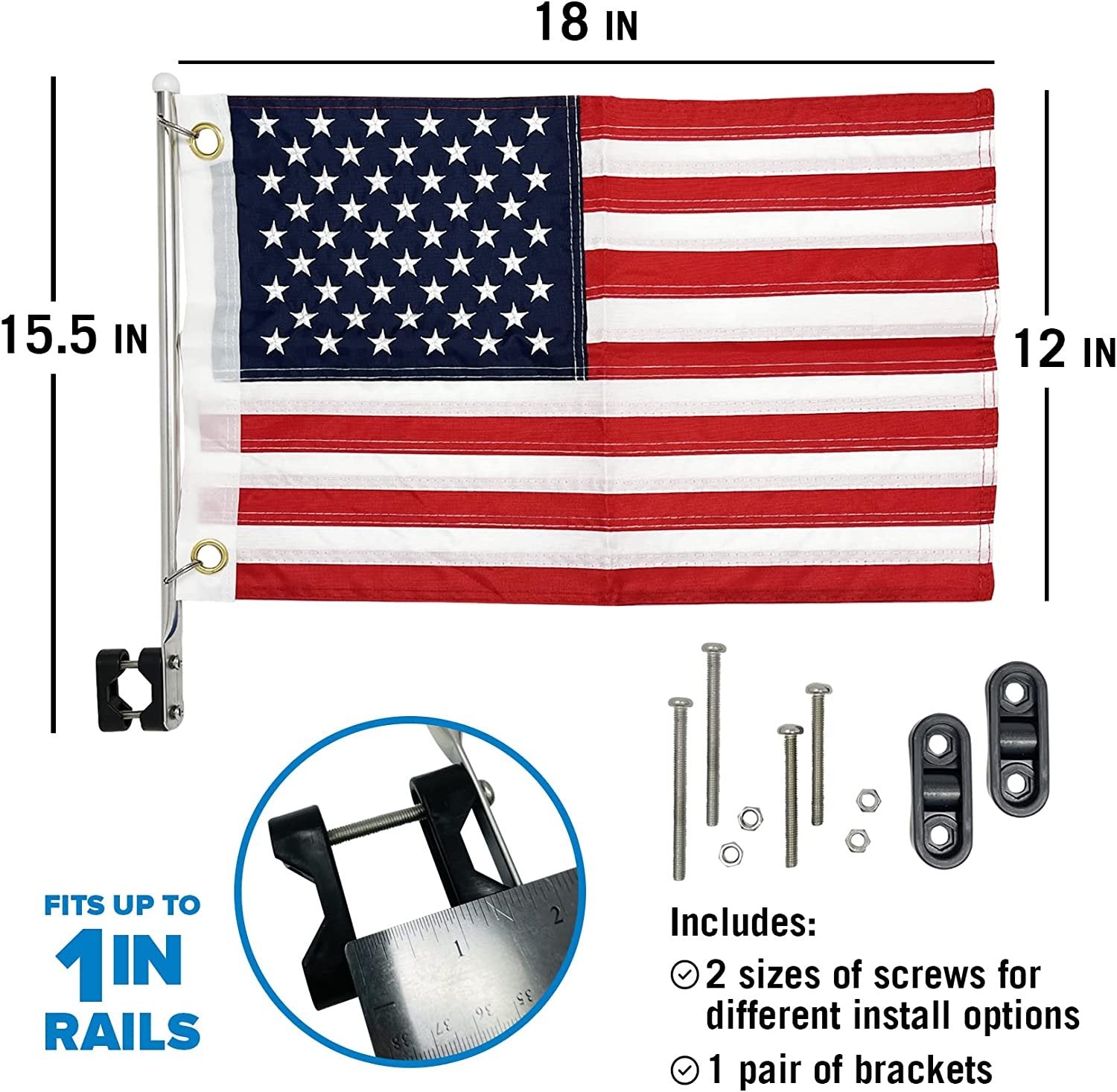 Small American Boat Flags Kit 12x18 - US Flag, Double Sided, Marine Grade with Pole Holder - Ski Rail or Pontoon Mount