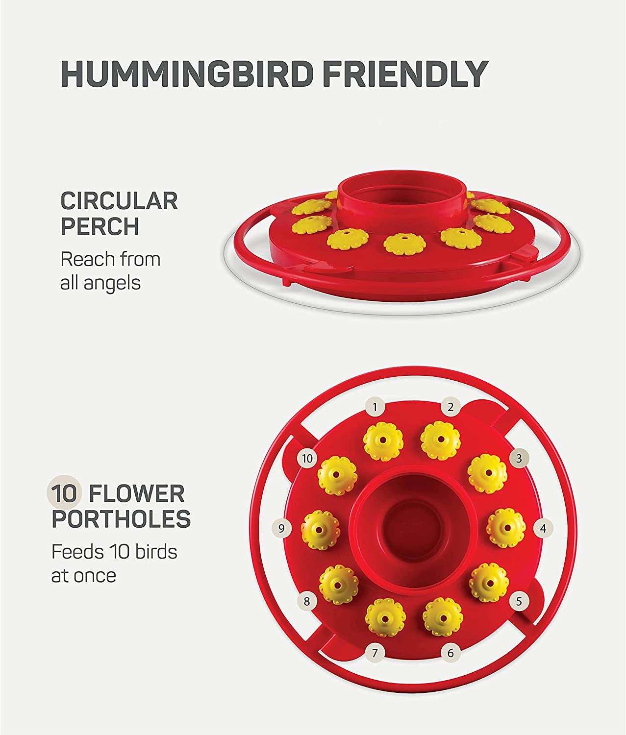 Hummingbird Feeder 16 oz [Set of 2] Plastic Hummingbird Feeders for Outdoors, With Built-in Ant Guard - Circular Perch With 10 Feeding Ports/Wide Mouth for Easy Filling/2 Part Base for Easy Cleaning