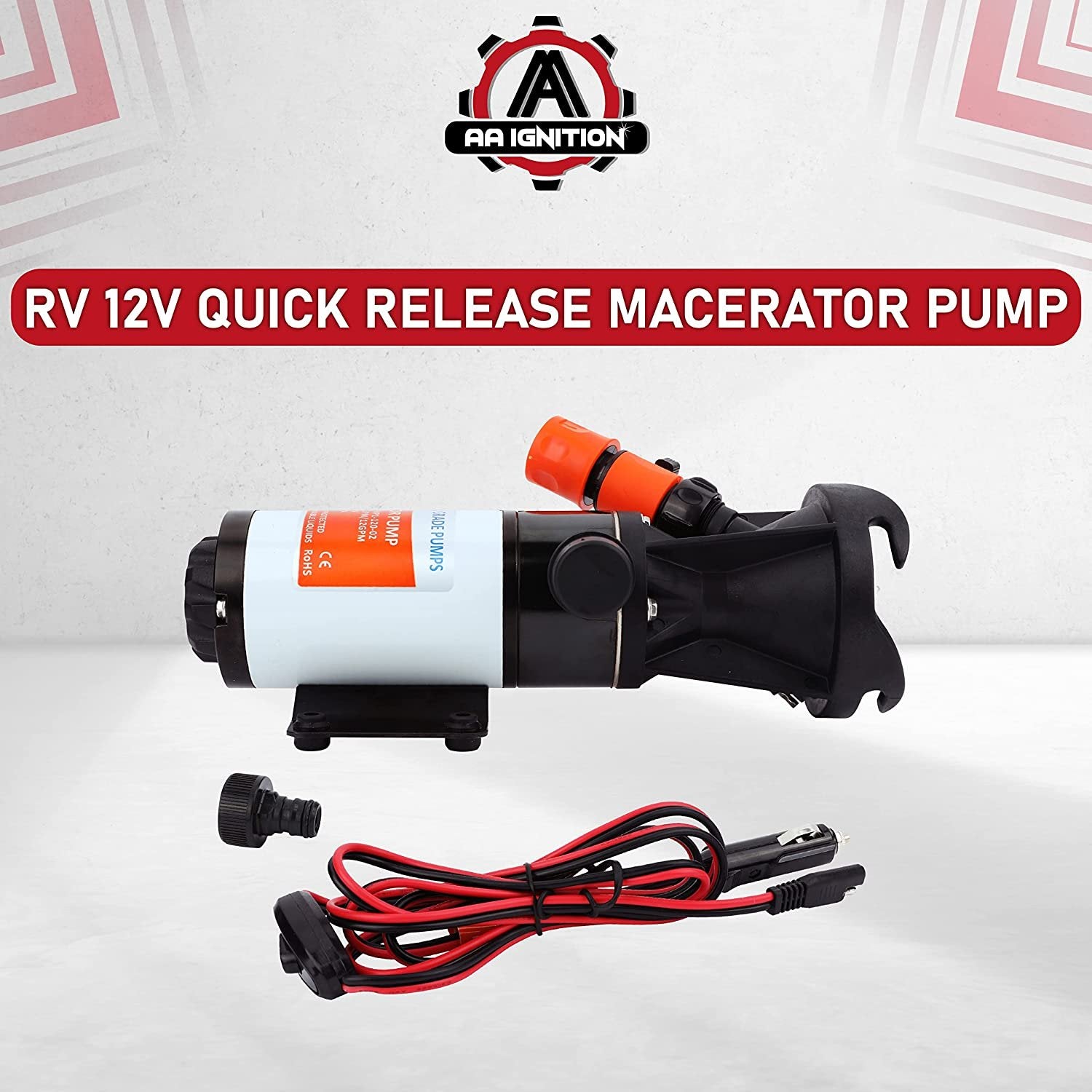 RV Sewer Macerator Pump 12V - 12 GPM Quick Release Macerator Pump Marine for RV Trailer, Camper Van, Caravan, Boat - 12/24V DC Seamless Motor - Portable Dump Station Mount Boat Waste Pump