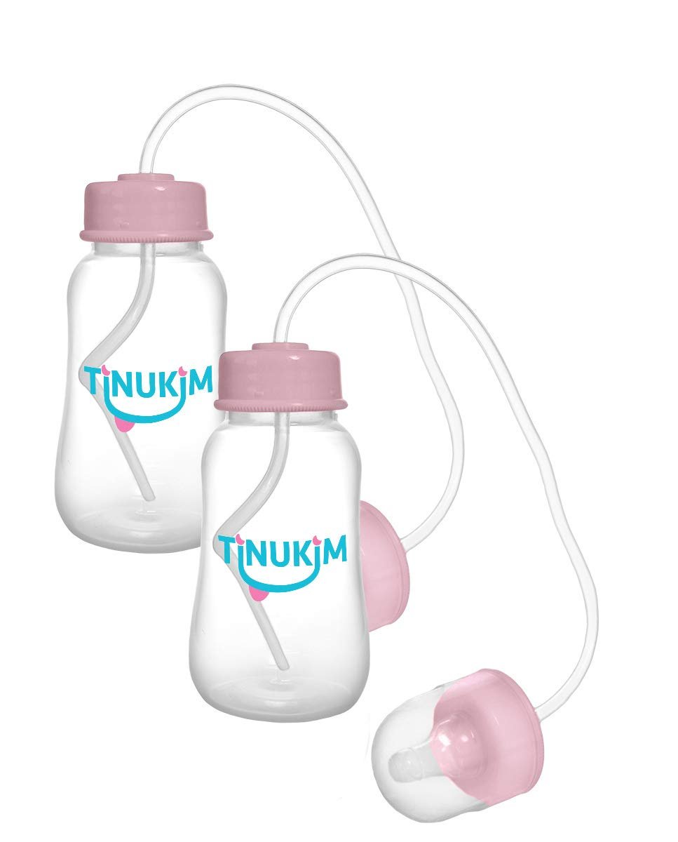 Tinukim iFeed Self-Feeding Bottle with Tube, Pink - 4oz (2-Pack) - Anti-Colic System