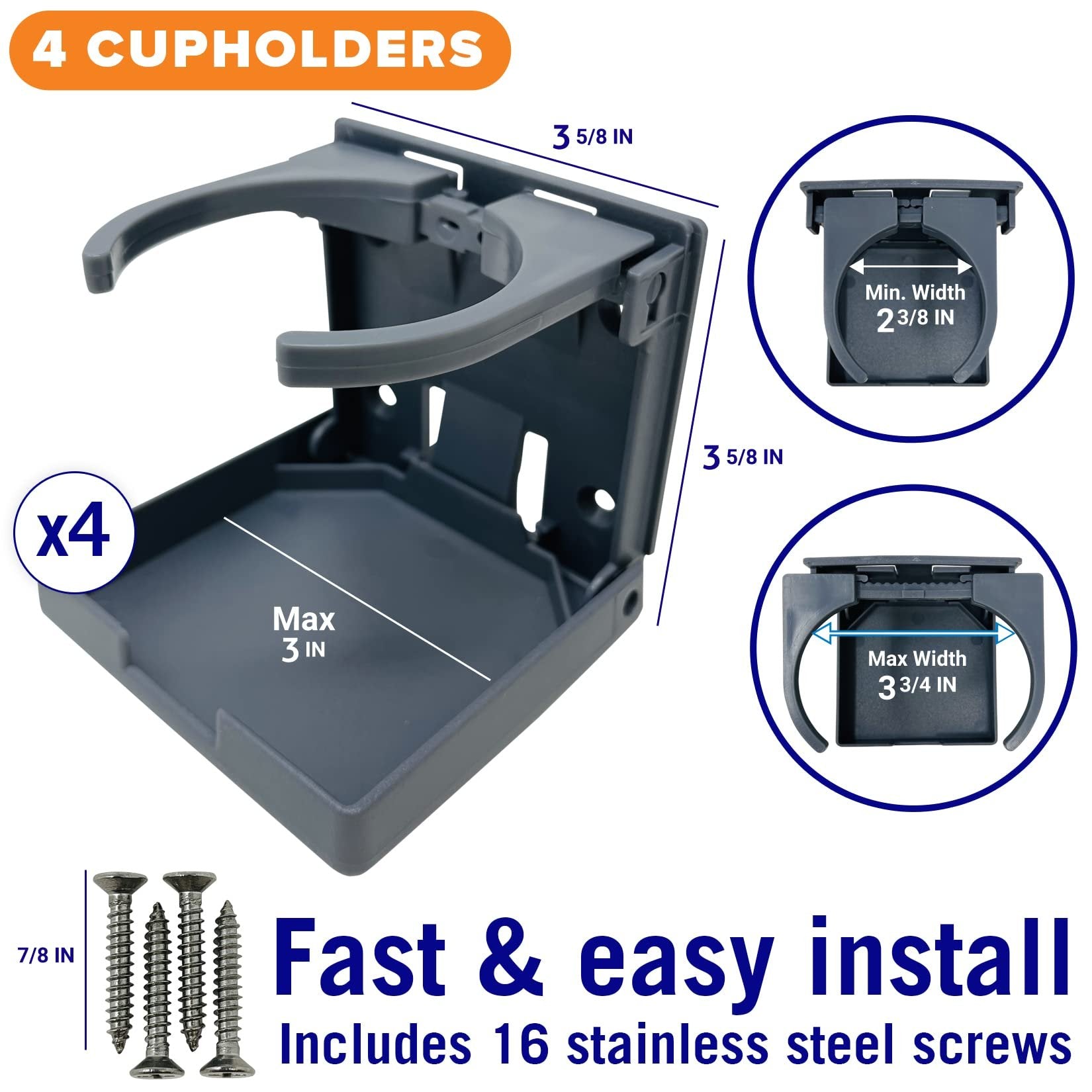 Boat Cup Holder Gray Set of 4 Folding Boat Cup Holders for Drinks Wall Cup Holder for Boat & RV Cup Holder Motorhome Wall Mount Marine Grade Mountable Stainless Screws Mounted Drink Holder for Boats