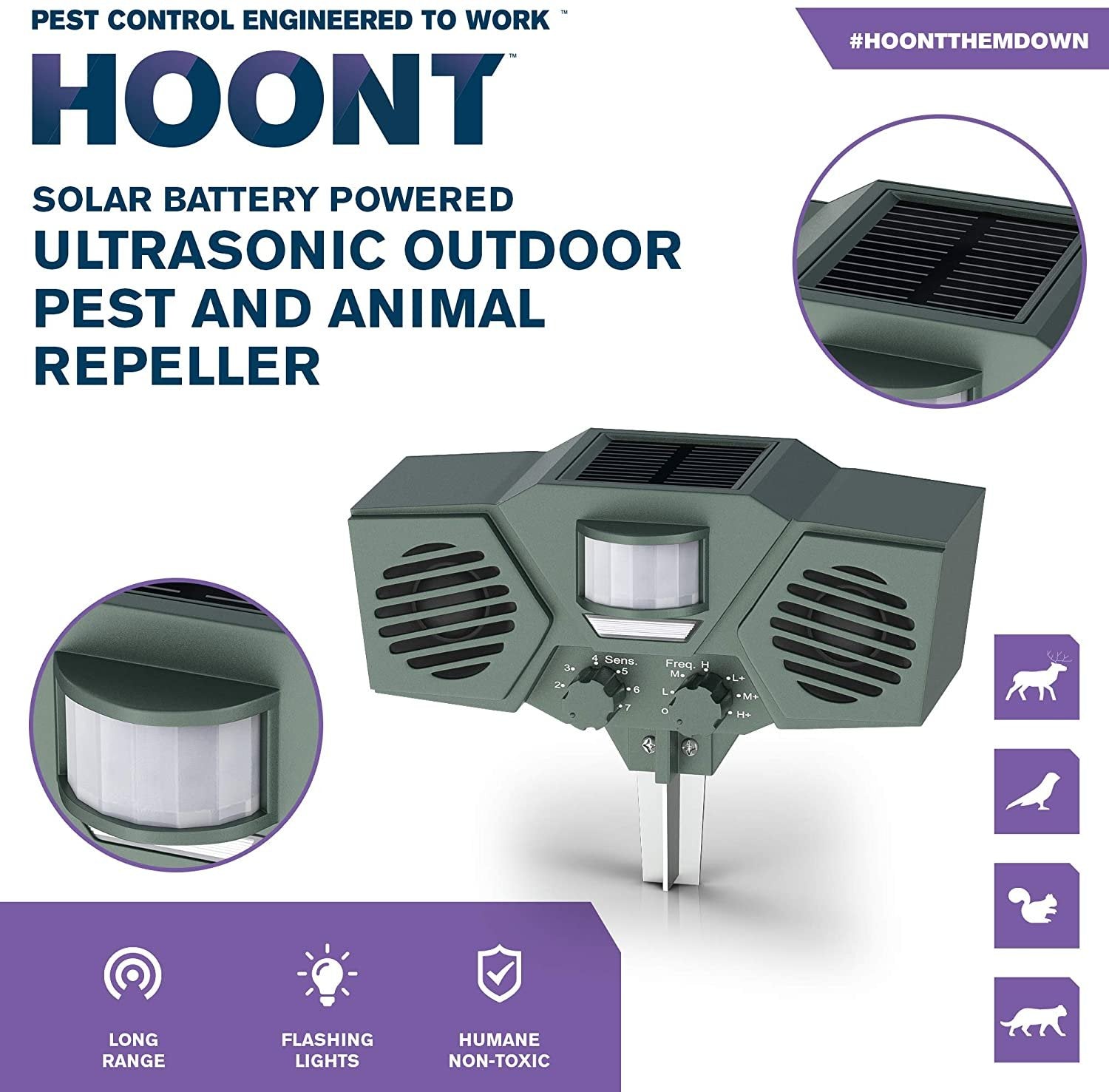 Hoont Solar Ultrasonic Animal Repeller, Motion-Activated Outdoor Pest Control (Green, )