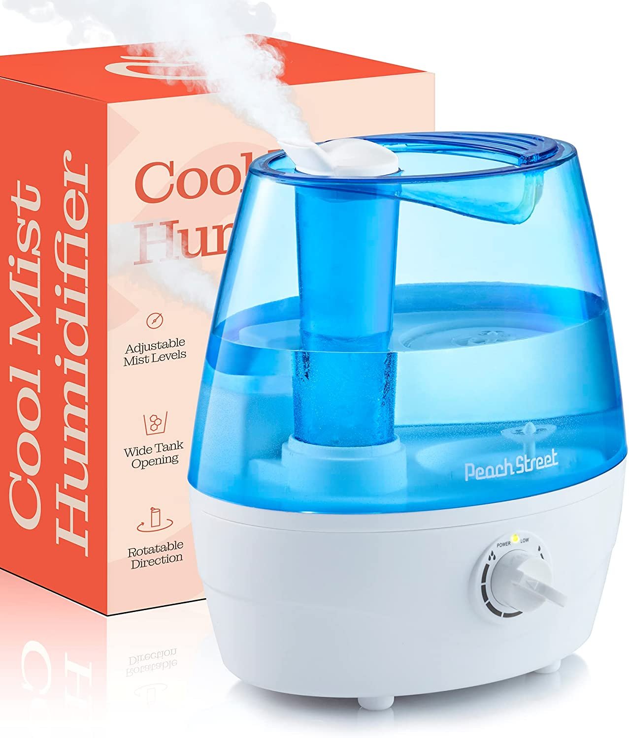Cool Mist Humidifier - 2.2L Water Tank, for Bedroom, Baby, Quiet Ultrasonic Air Vaporizer, Adjustable Mist Level, 360 Nozzle Rotation, Auto-Shut Off, Large Area Humidifiers Easy Fill and Clean